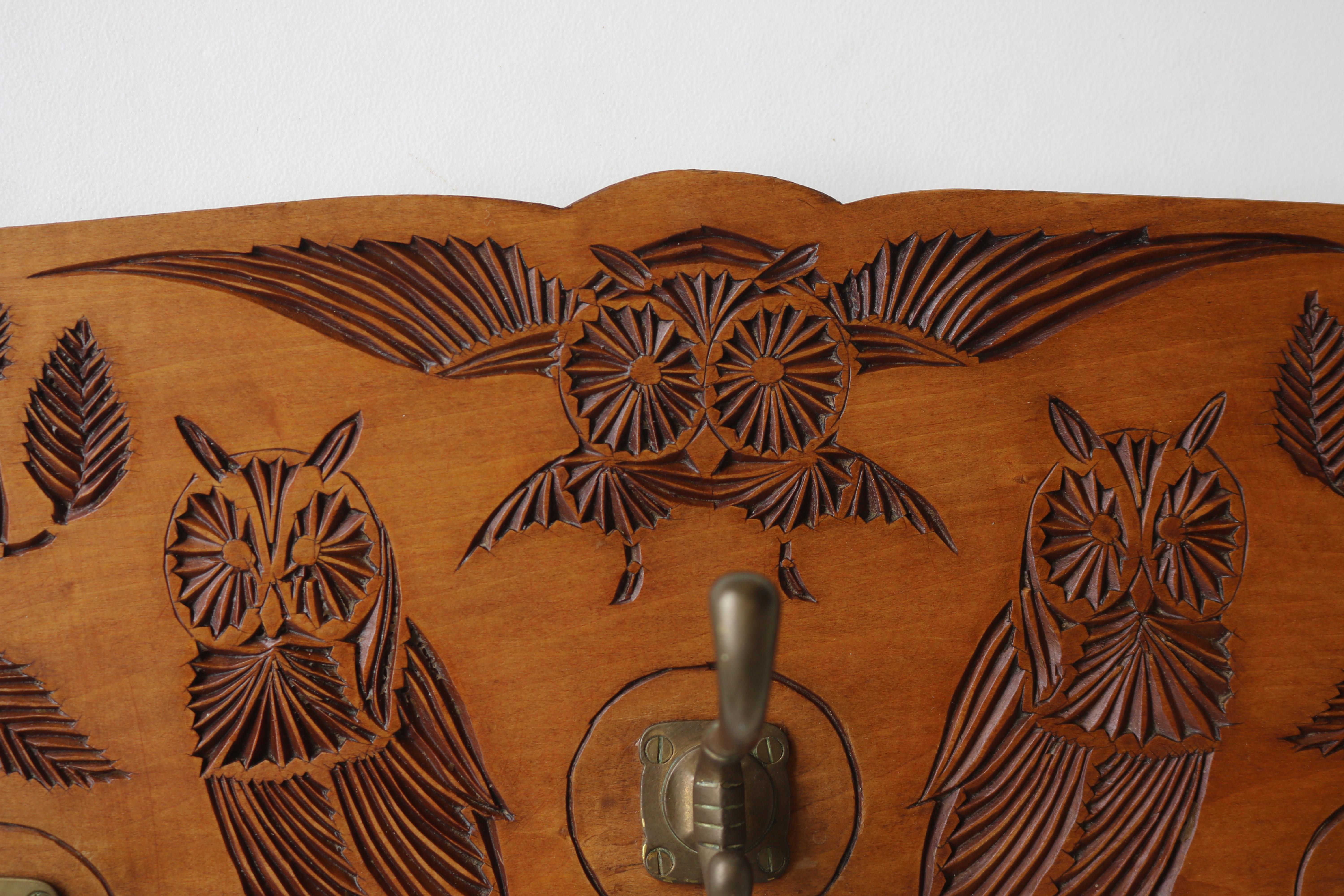Brass Dutch Arts & Crafts Coat Rack with Owls 1930 chip carved hallway brass hooks For Sale