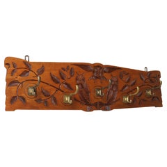 Vintage Dutch Arts & Crafts Coat Rack with Owls 1930 chip carved hallway brass hooks