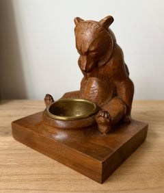 Dutch Arts & Crafts Hand-Carved Wooden Bear Sculpture w Brass Inset Bowl, ca1915