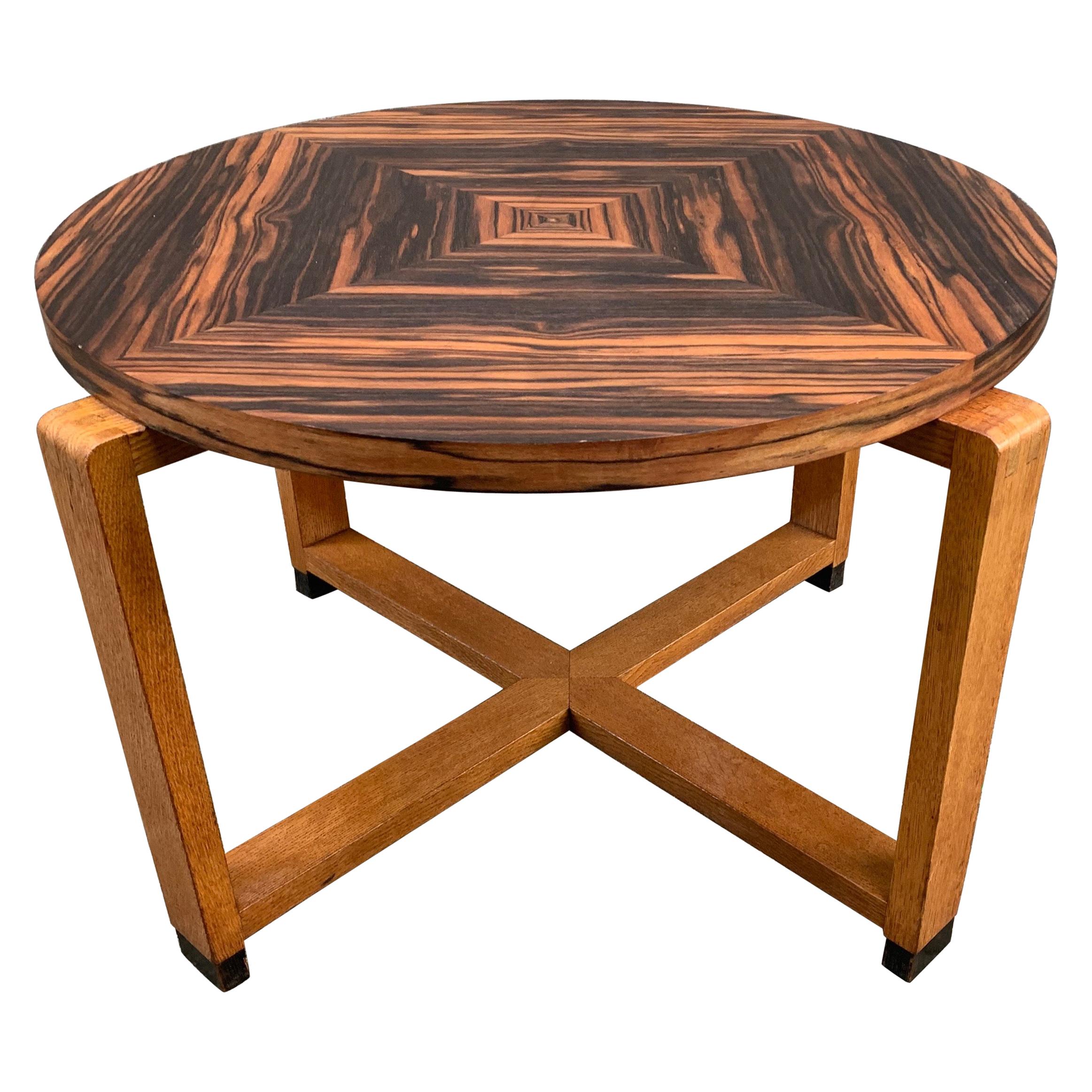 Unique Oak Coffee Table w. Stunning Coromandel Geometric Design Top For Sale