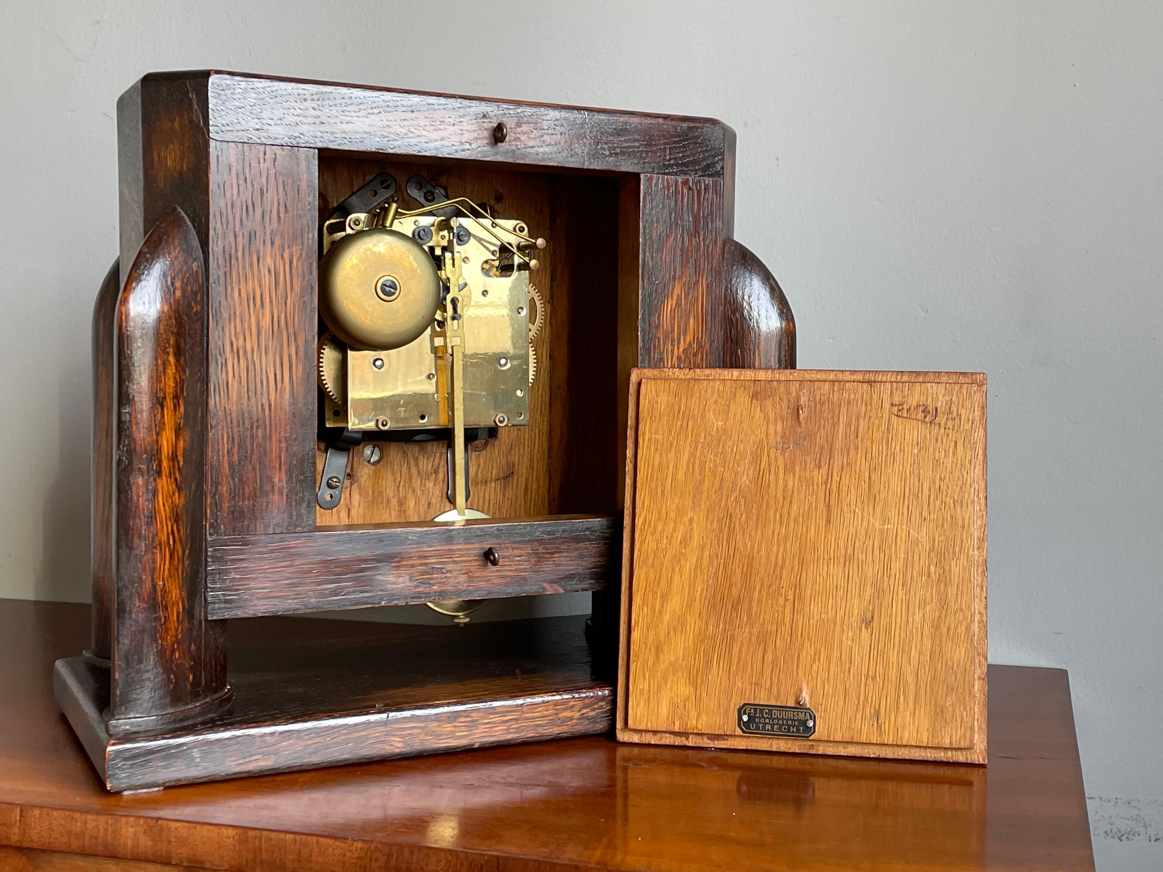 Dutch Arts & Crafts Oak Mantle / Desk Clock with Stunning Bronze Dial Face 1915 For Sale 4