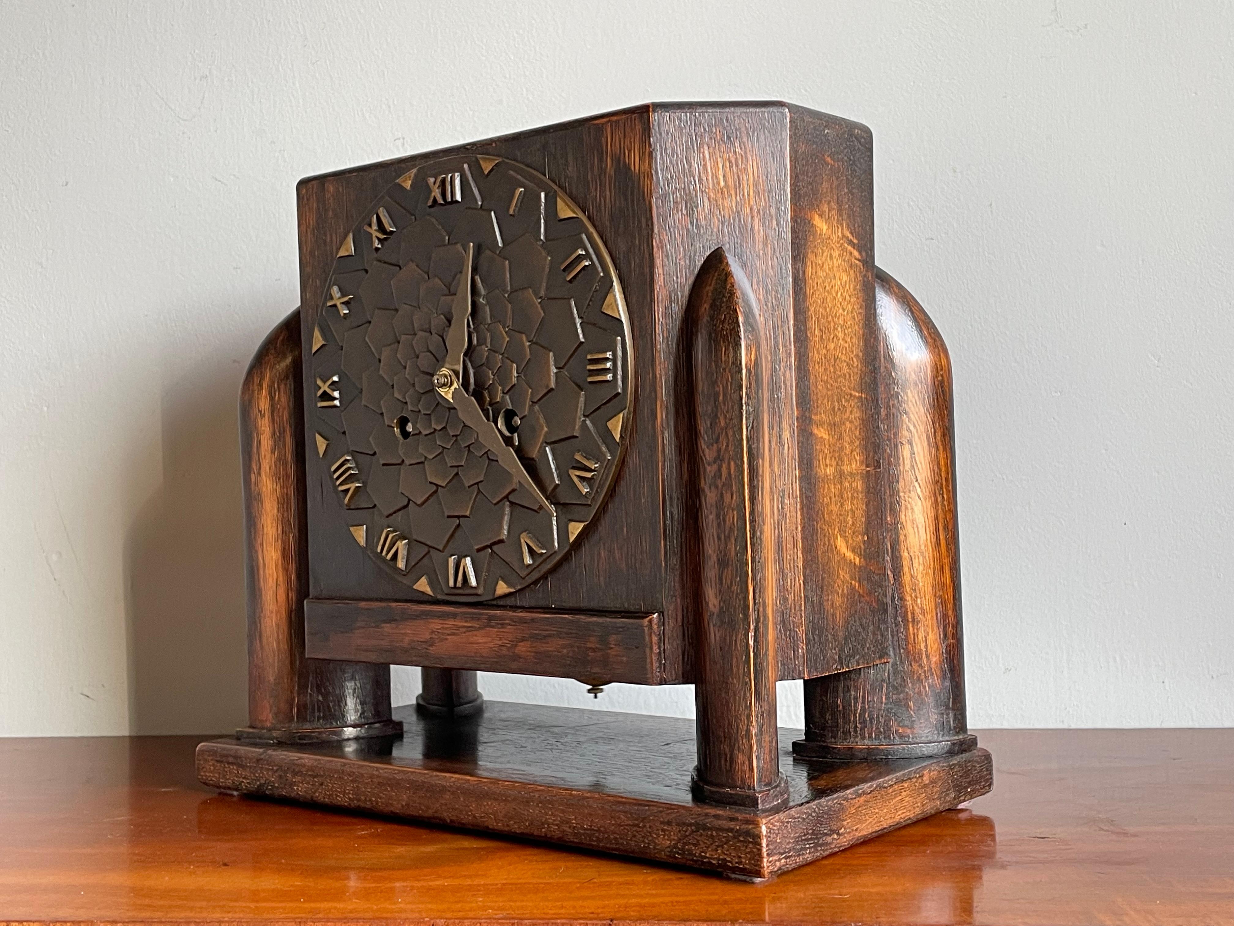 Dutch Arts & Crafts Oak Mantle / Desk Clock with Stunning Bronze Dial Face 1915 For Sale 8
