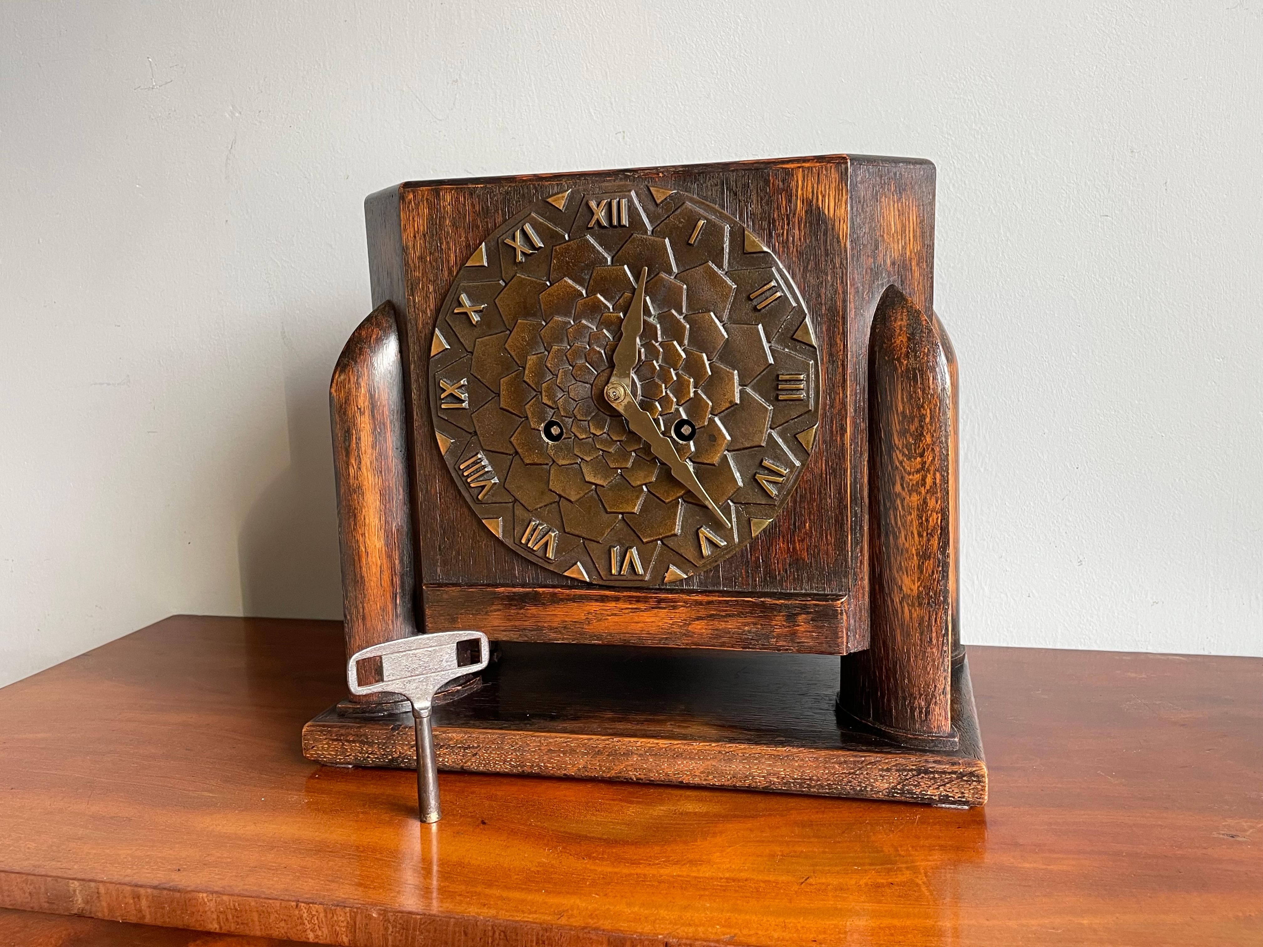 Dutch Arts & Crafts Oak Mantle / Desk Clock with Stunning Bronze Dial Face 1915 For Sale 9