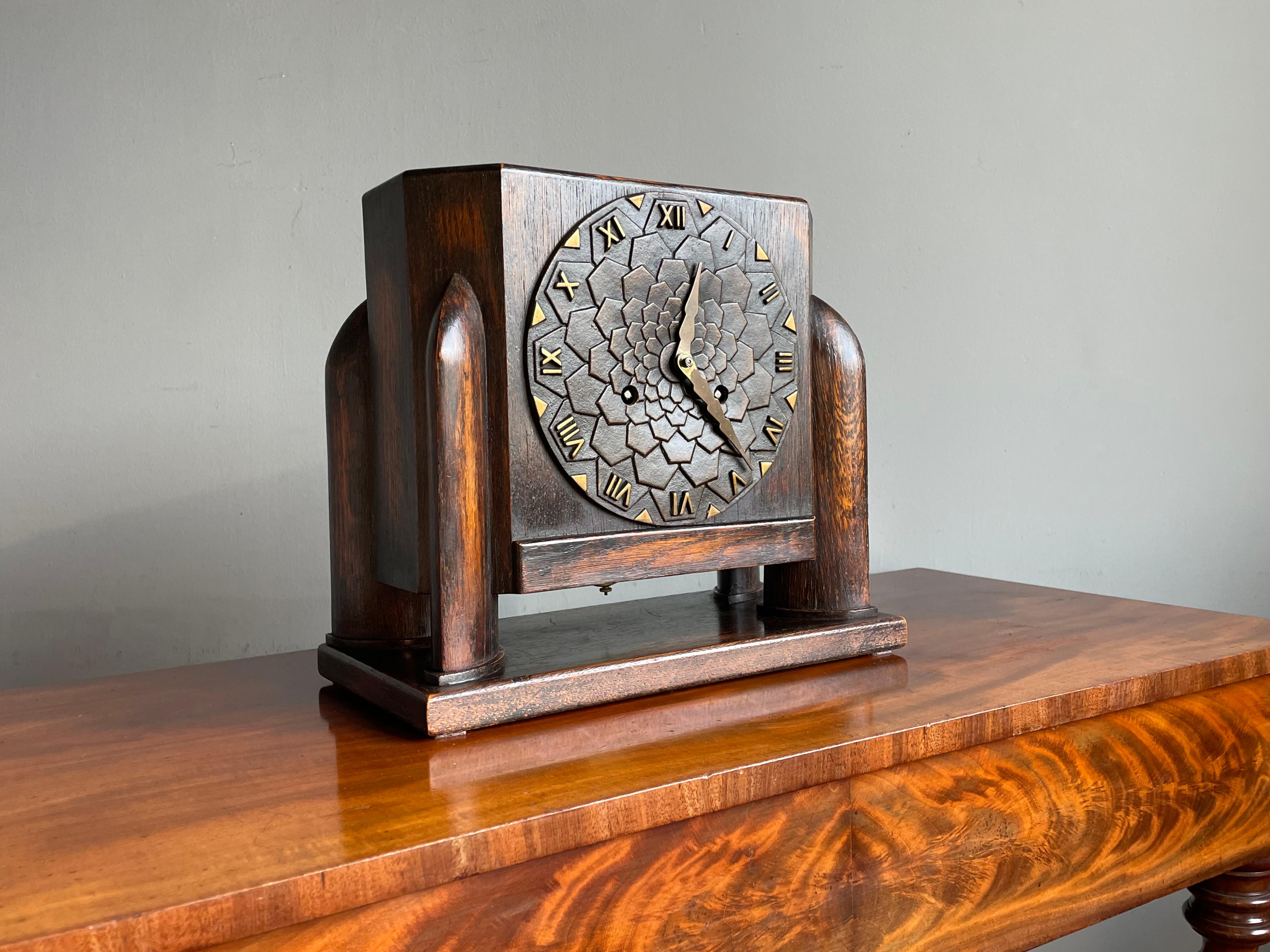 Dutch Arts & Crafts Oak Mantle / Desk Clock with Stunning Bronze Dial Face 1915 For Sale 10