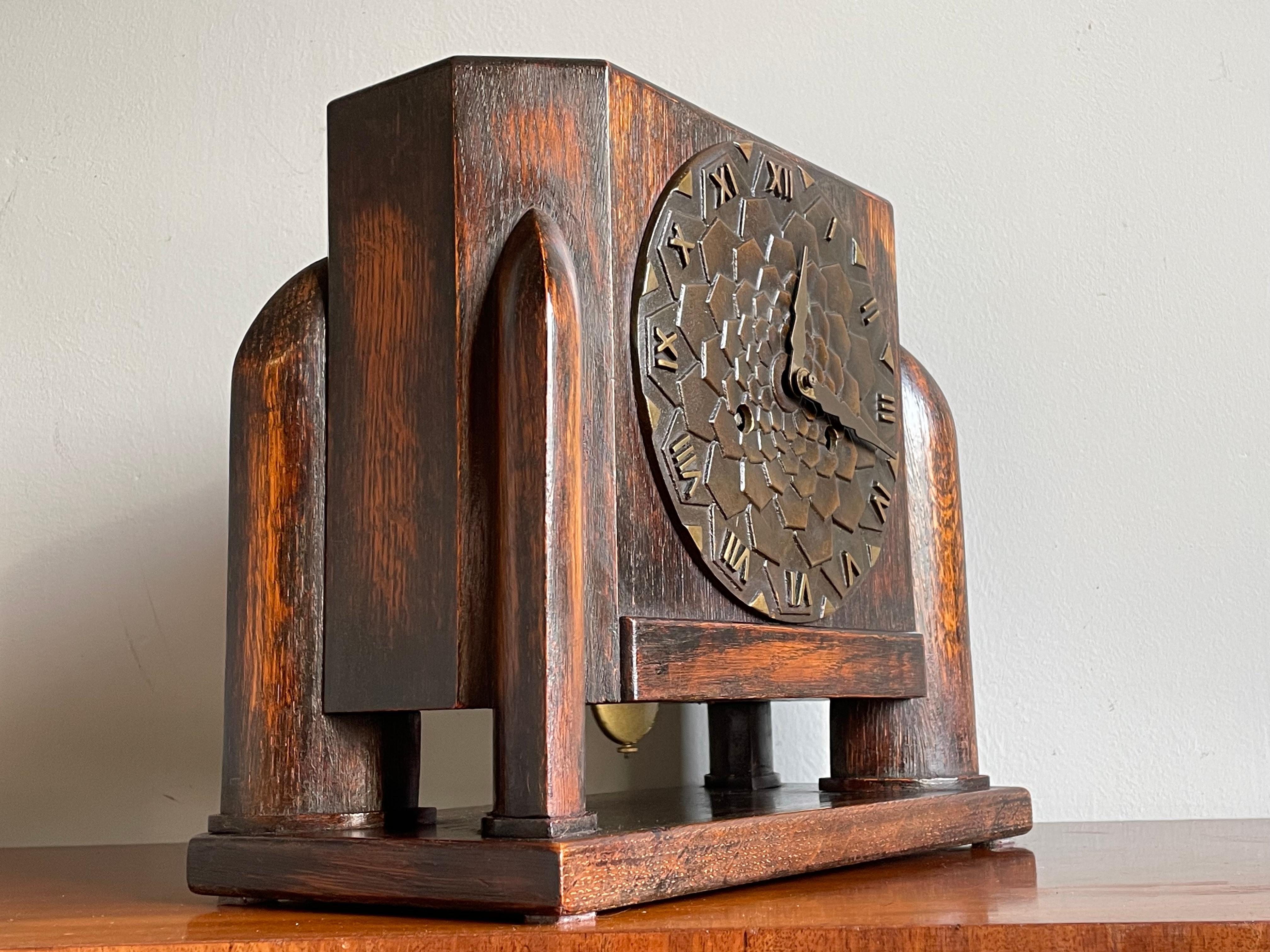 Dutch Arts & Crafts Oak Mantle / Desk Clock with Stunning Bronze Dial Face 1915 For Sale 11