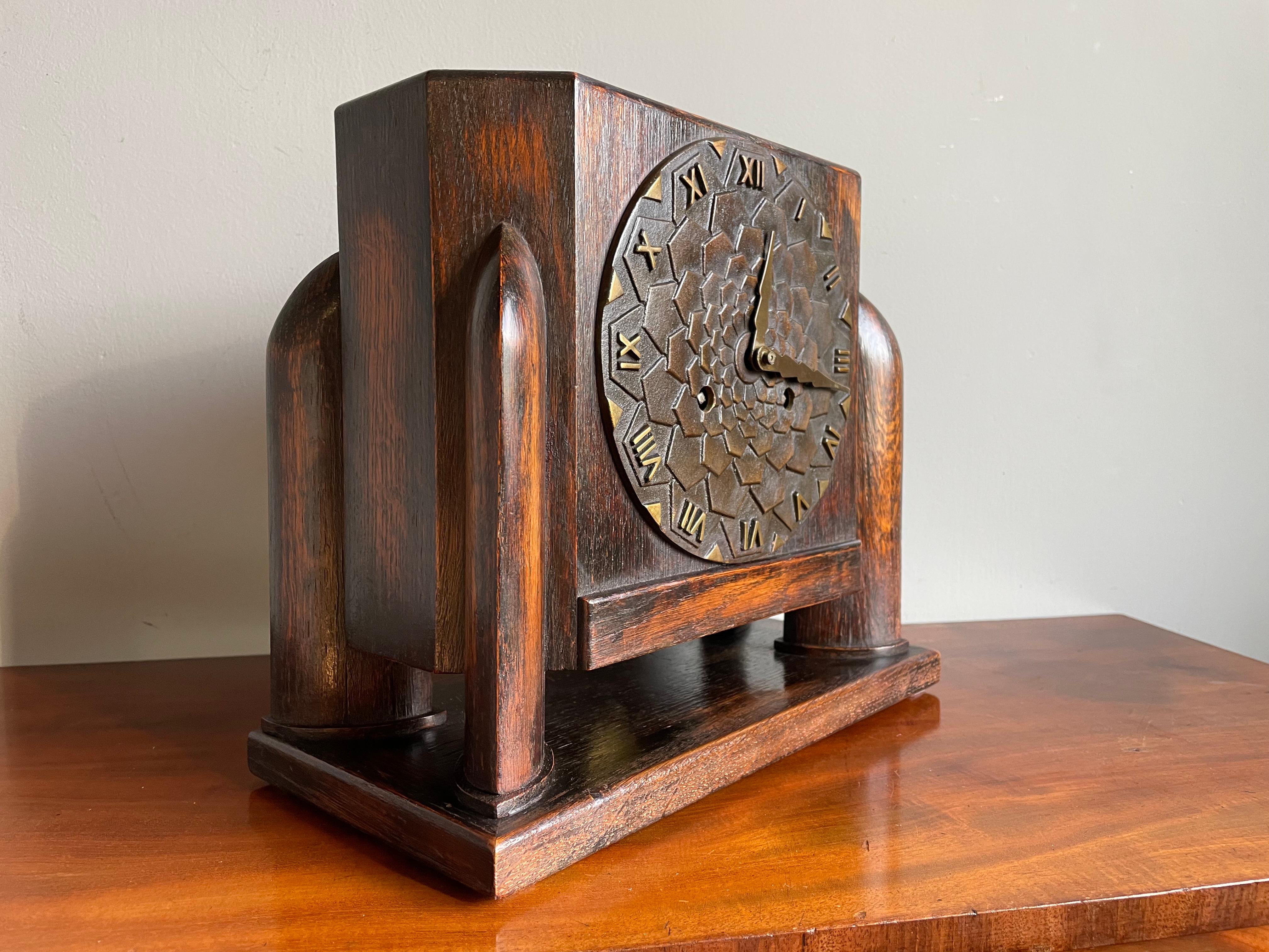 Very cool looking and perfectly running and striking Arts & Crafts pendulum.

If you are looking for a great design and truly timeless (no pun intended) antique clock then this striking specimen from the 1910s could be perfect for you. The