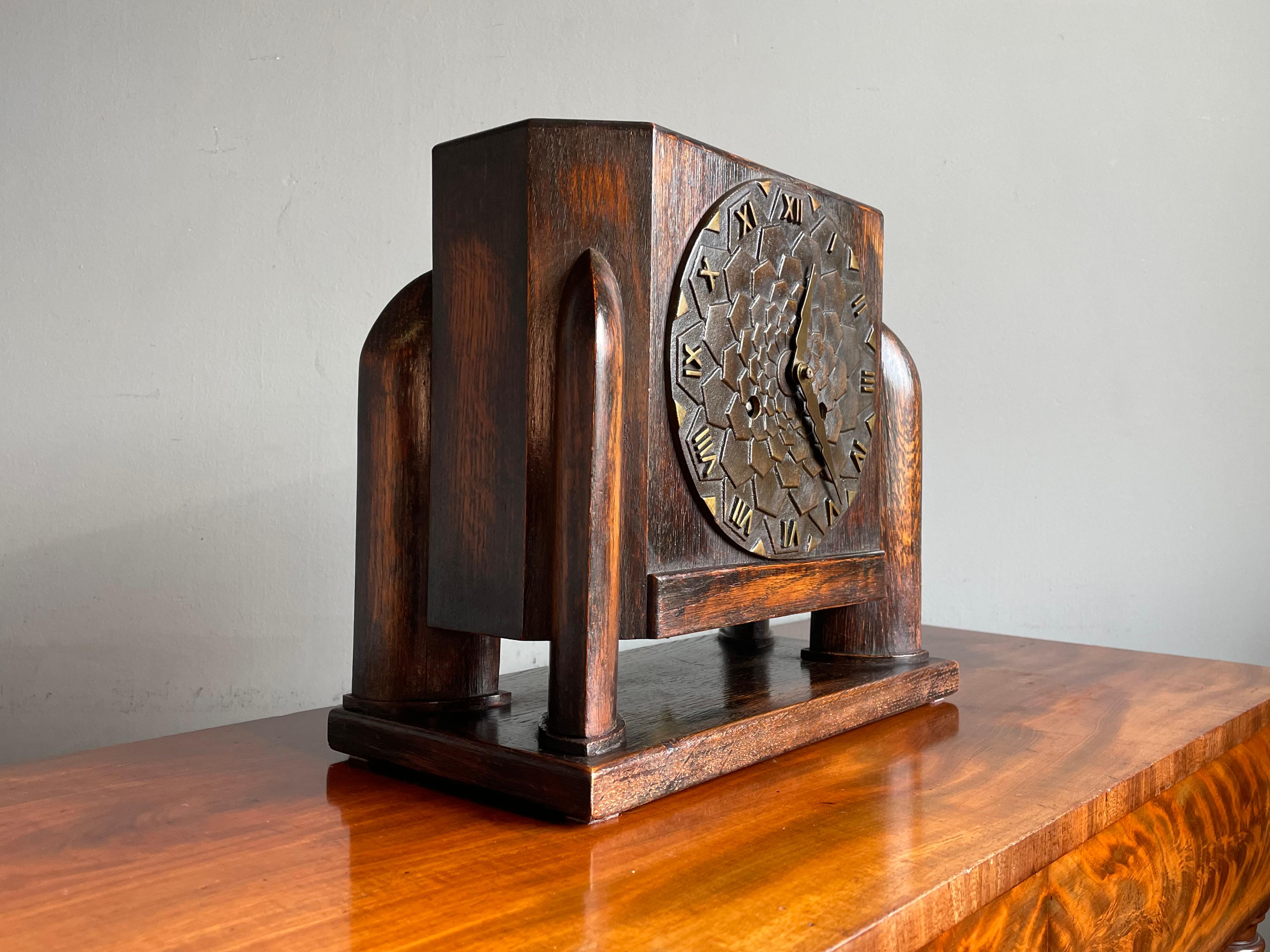 Dutch Arts & Crafts Oak Mantle / Desk Clock with Stunning Bronze Dial Face 1915 For Sale 12