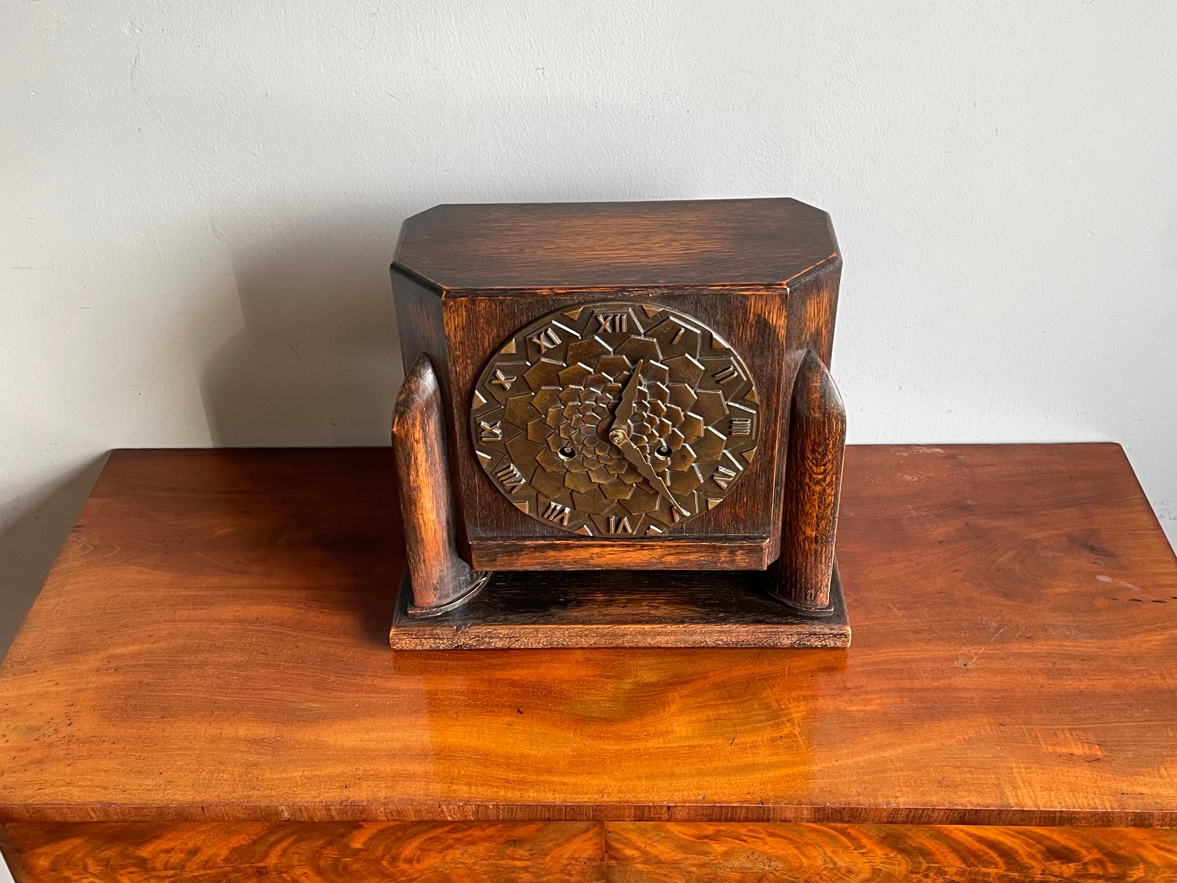 Arts and Crafts Dutch Arts & Crafts Oak Mantle / Desk Clock with Stunning Bronze Dial Face 1915 For Sale