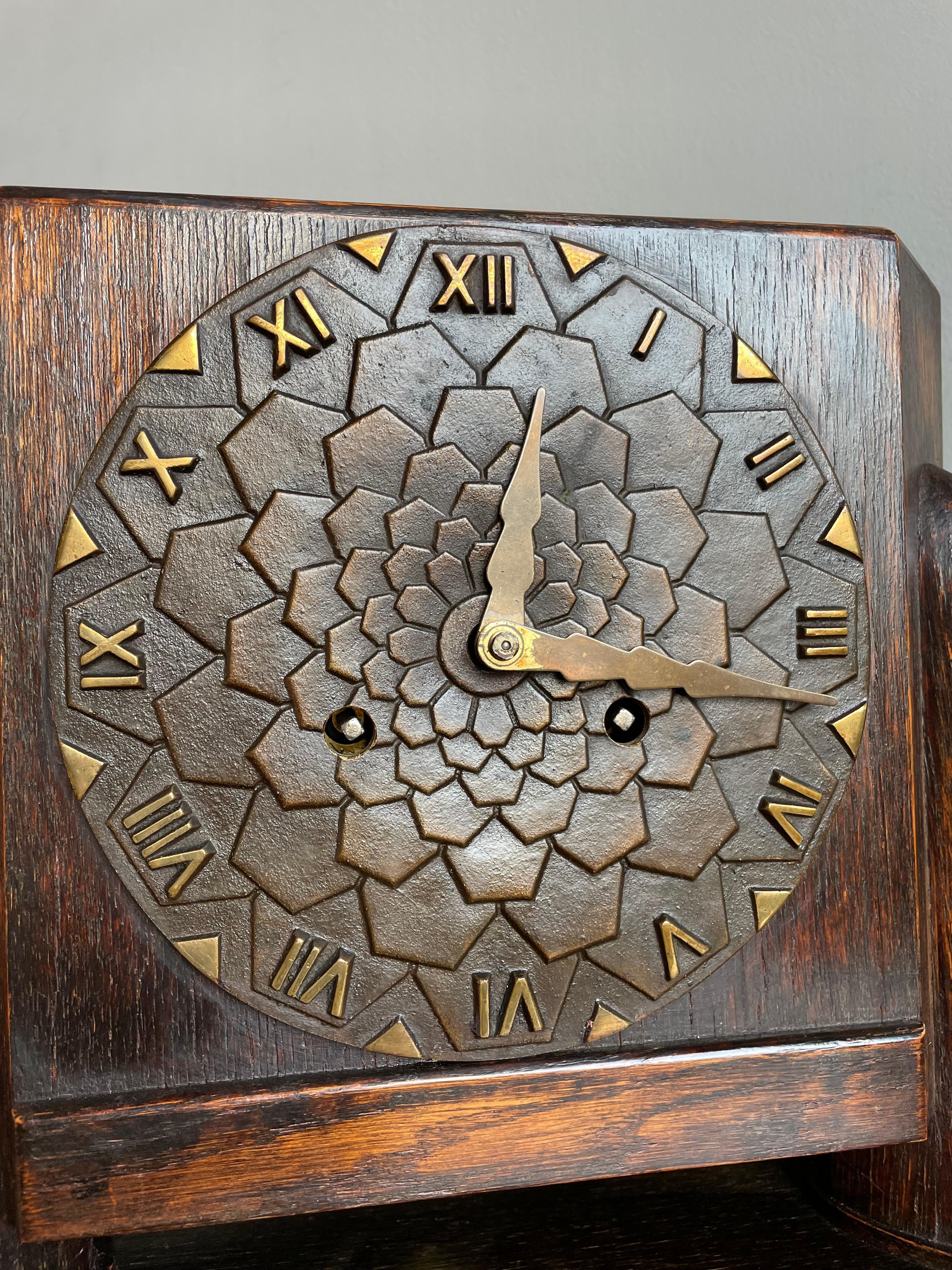 Stained Dutch Arts & Crafts Oak Mantle / Desk Clock with Stunning Bronze Dial Face 1915 For Sale