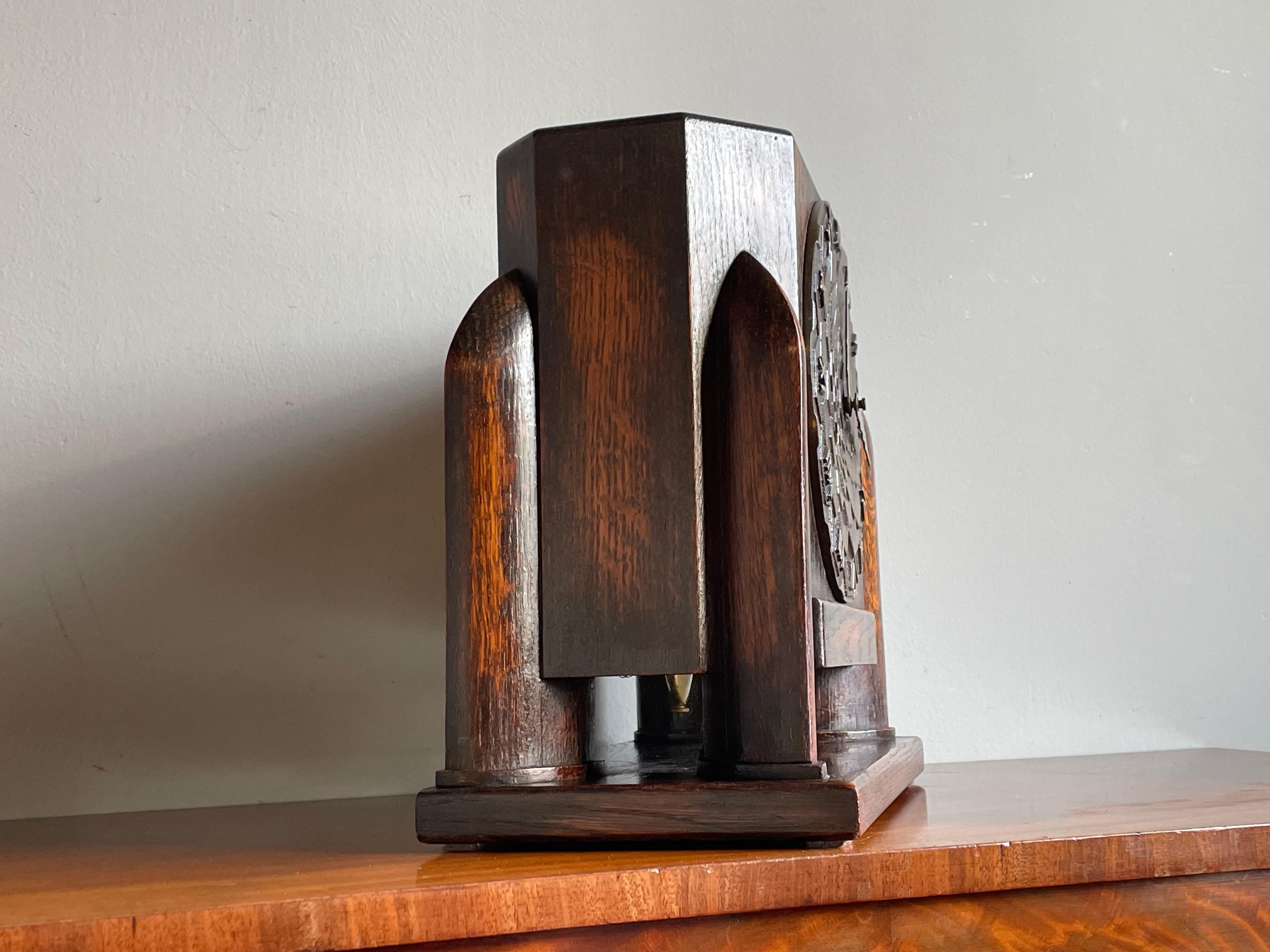 Dutch Arts & Crafts Oak Mantle / Desk Clock with Stunning Bronze Dial Face 1915 For Sale 1