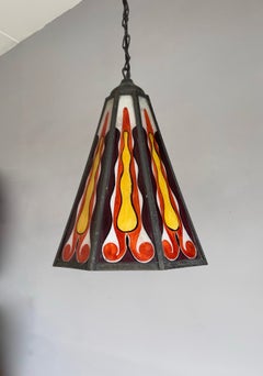 Dutch Arts & Crafts Painted Glass and Brass Entrance or Hallway Pendant Light