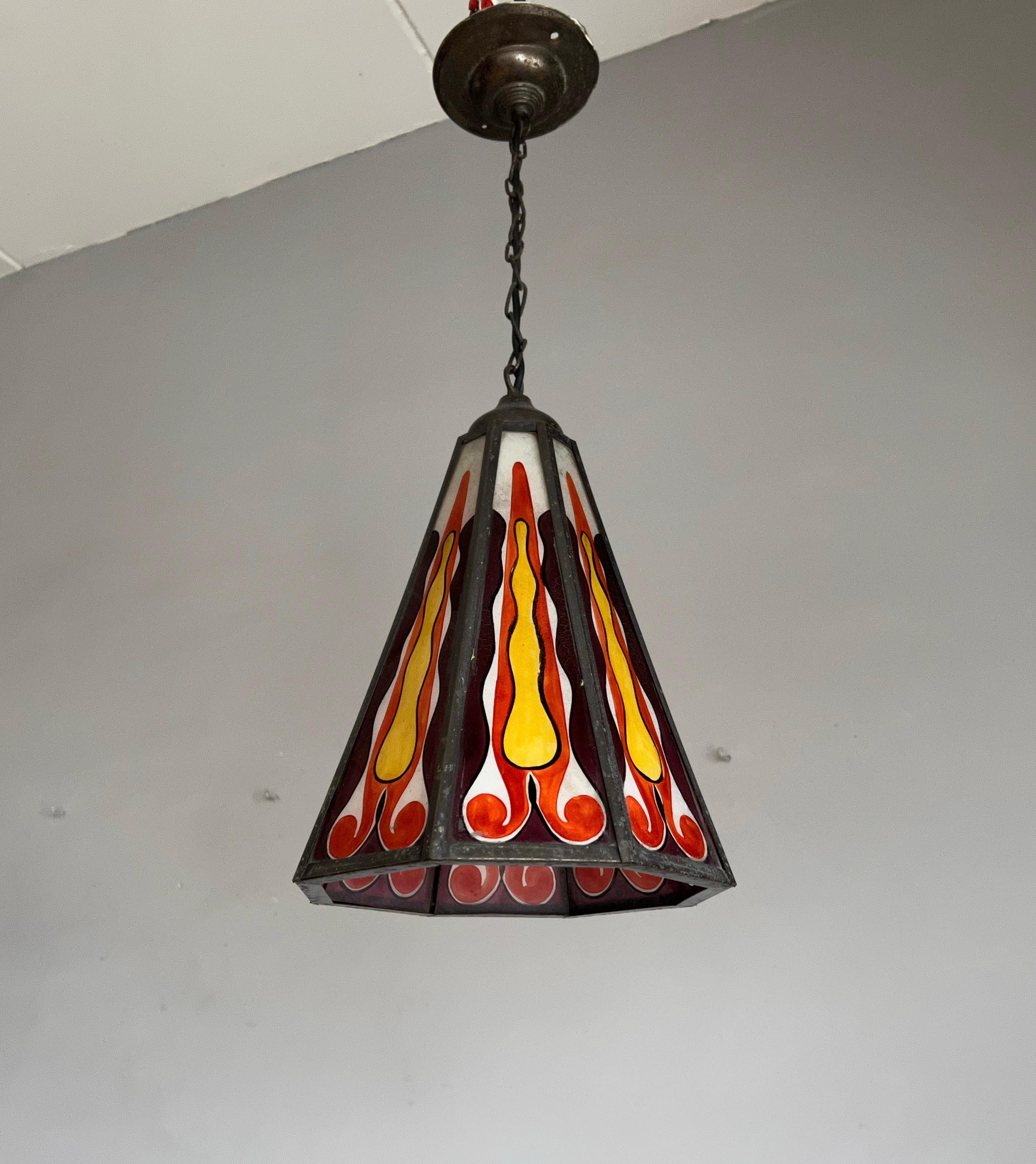 Dutch Arts & Crafts Painted Glass and Brass Entrance or Hallway Pendant Light In Good Condition For Sale In Lisse, NL
