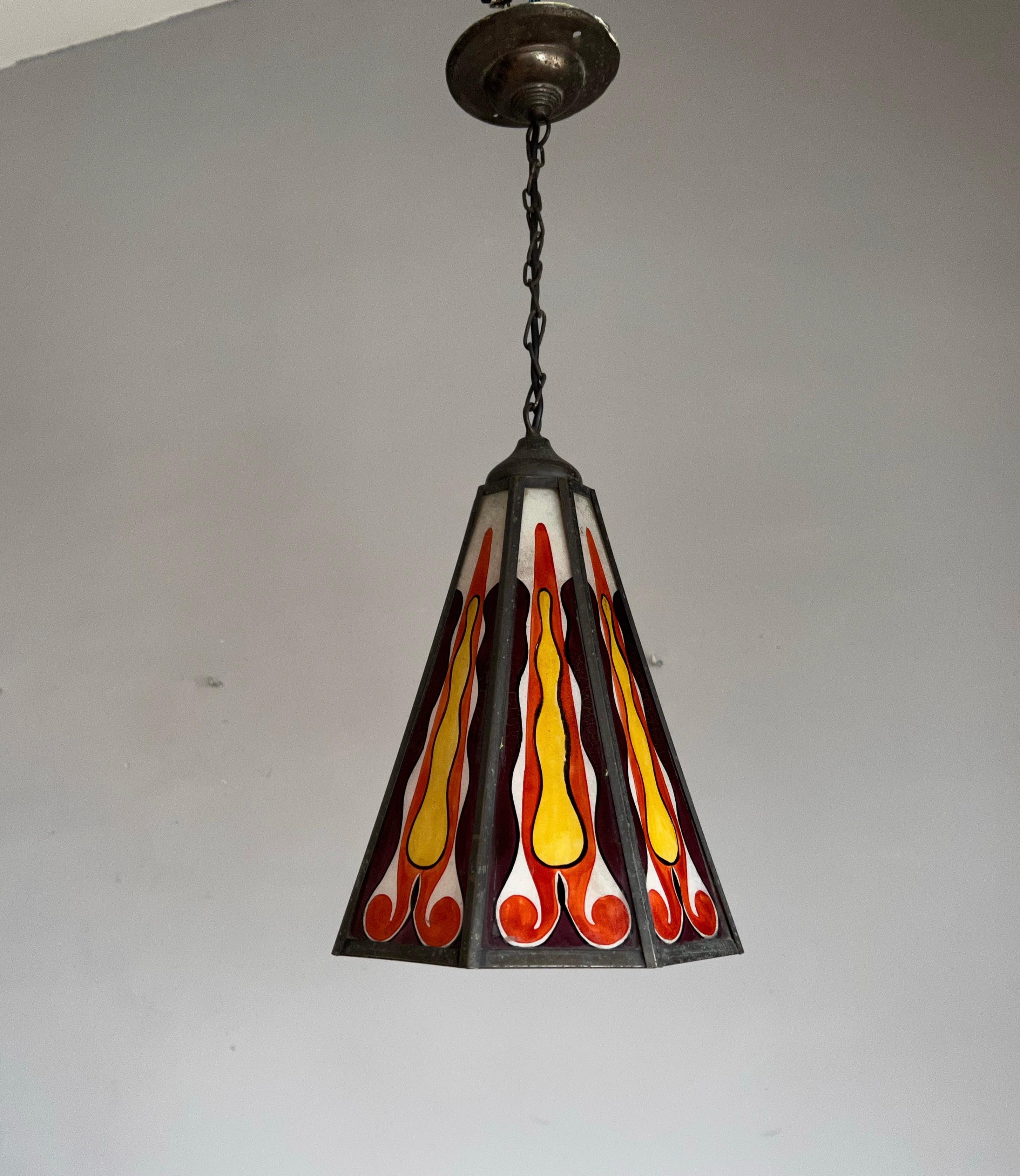 20th Century Dutch Arts & Crafts Painted Glass and Brass Entrance or Hallway Pendant Light For Sale