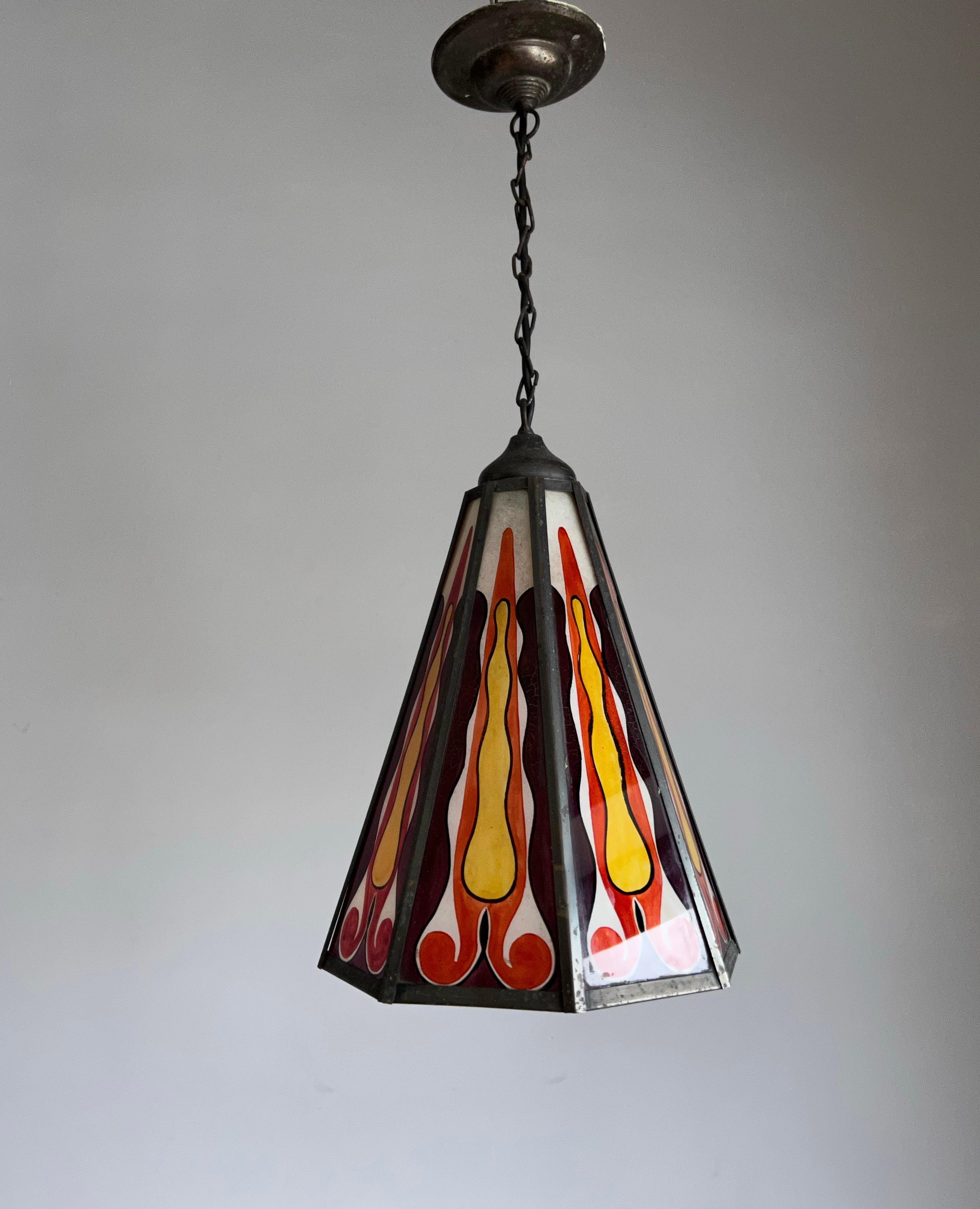 Dutch Arts & Crafts Painted Glass and Brass Entrance or Hallway Pendant Light For Sale 1