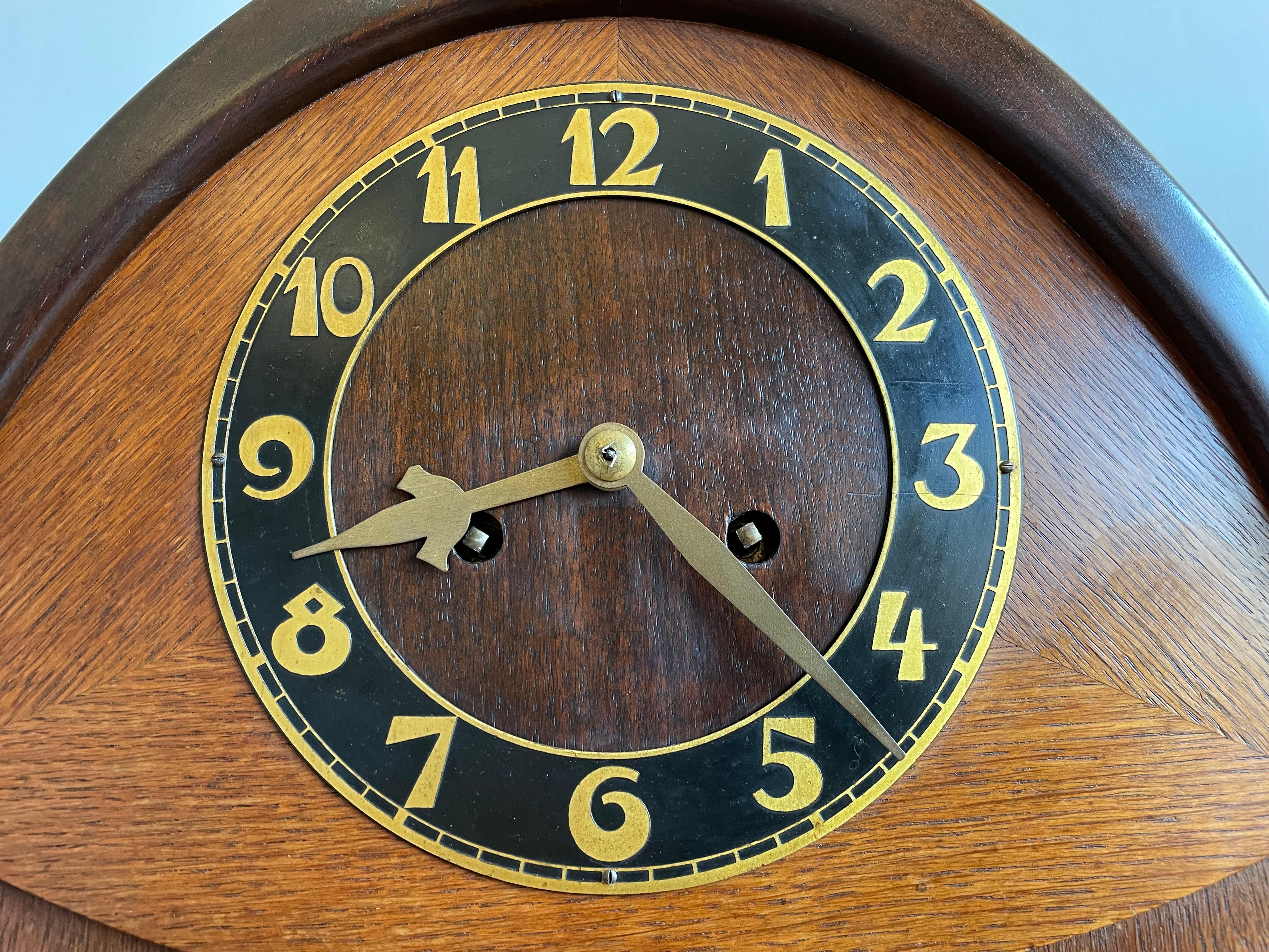 Oak Dutch Arts & Crafts Wooden Mantle or Desk Clock w. Stunning Brass Dial Face 1915 For Sale