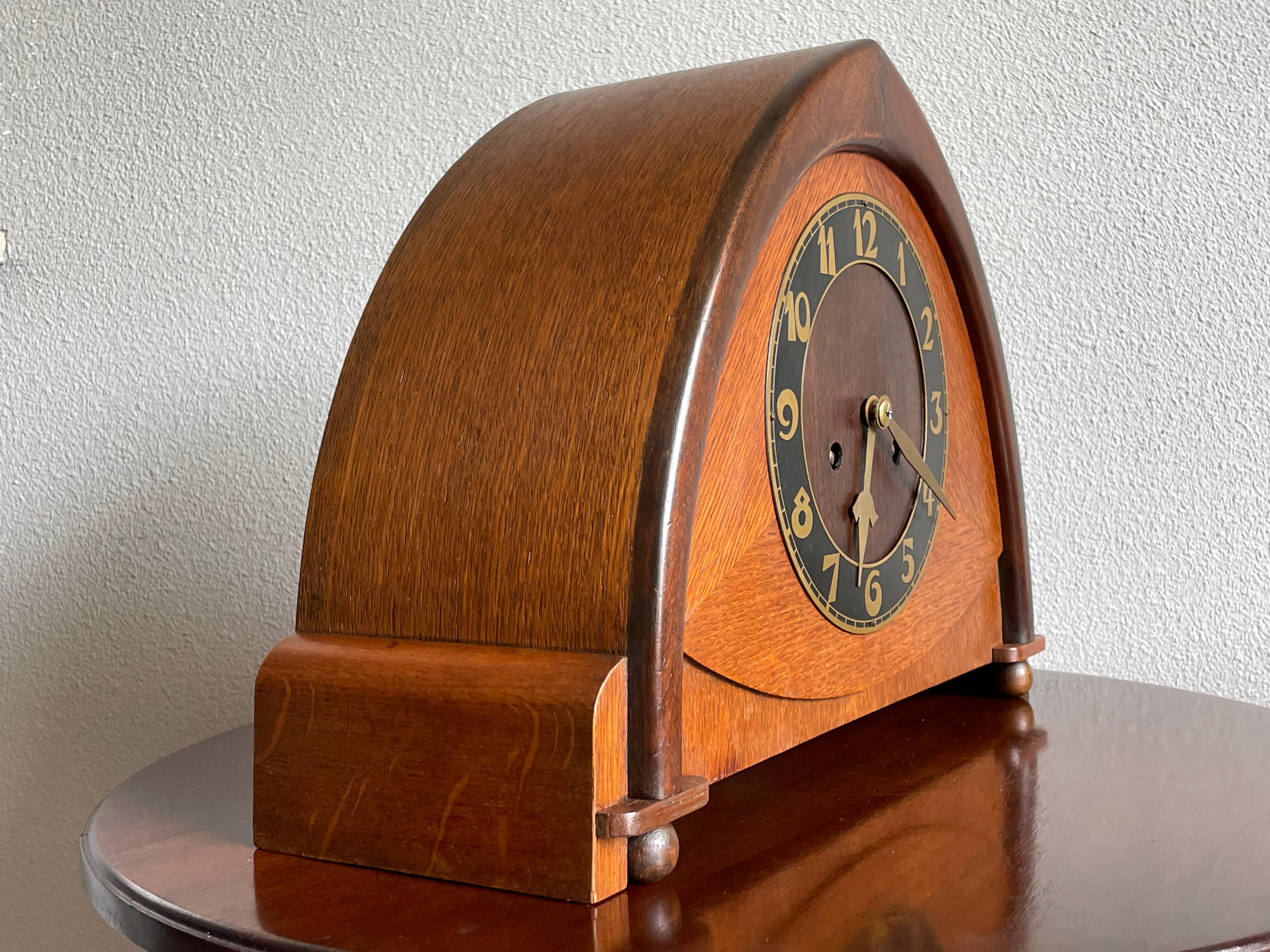 Dutch Arts & Crafts Wooden Mantle or Desk Clock w. Stunning Brass Dial Face 1915 For Sale 1