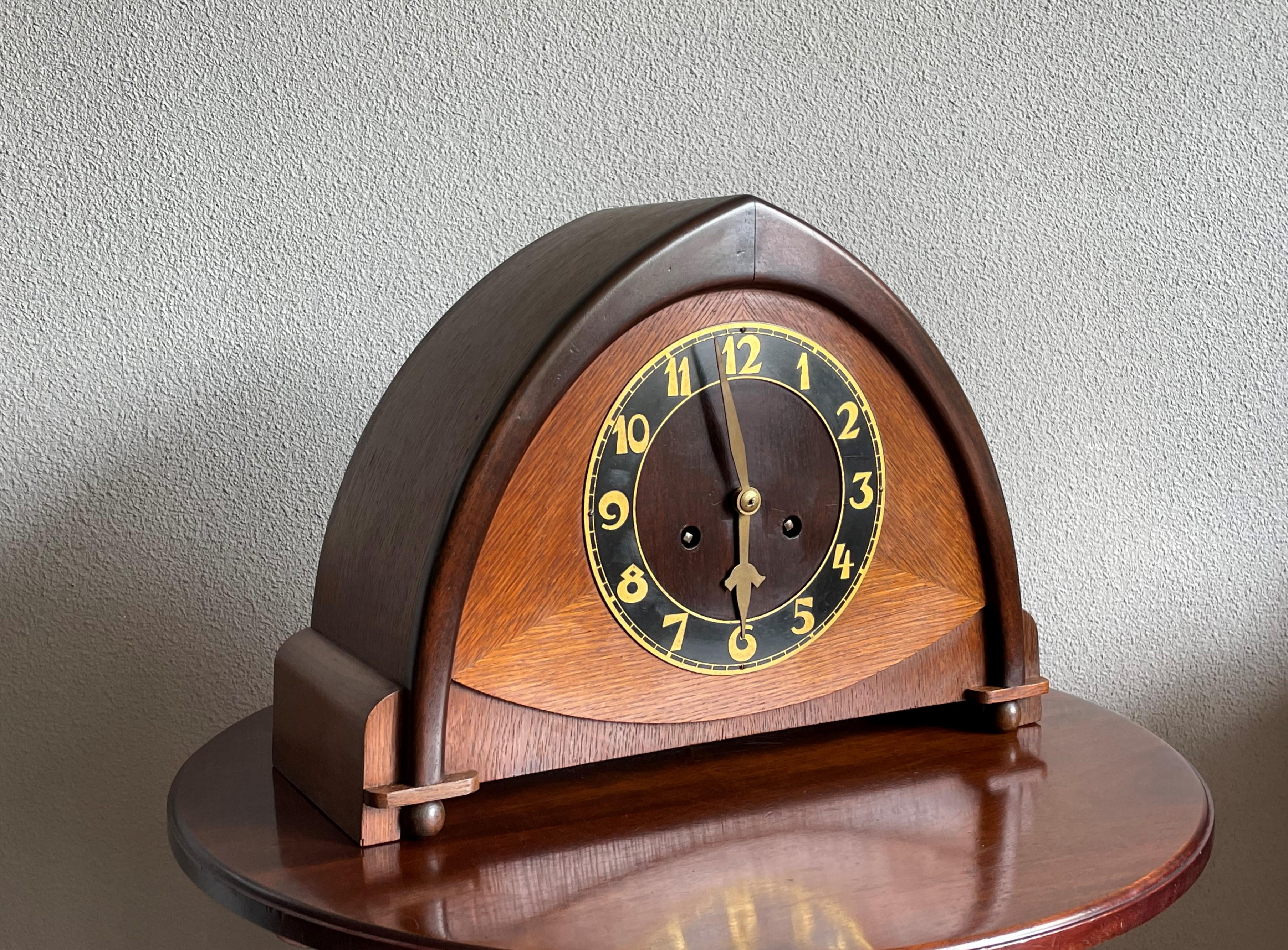 Dutch Arts & Crafts Wooden Mantle or Desk Clock w. Stunning Brass Dial Face 1915 For Sale 2