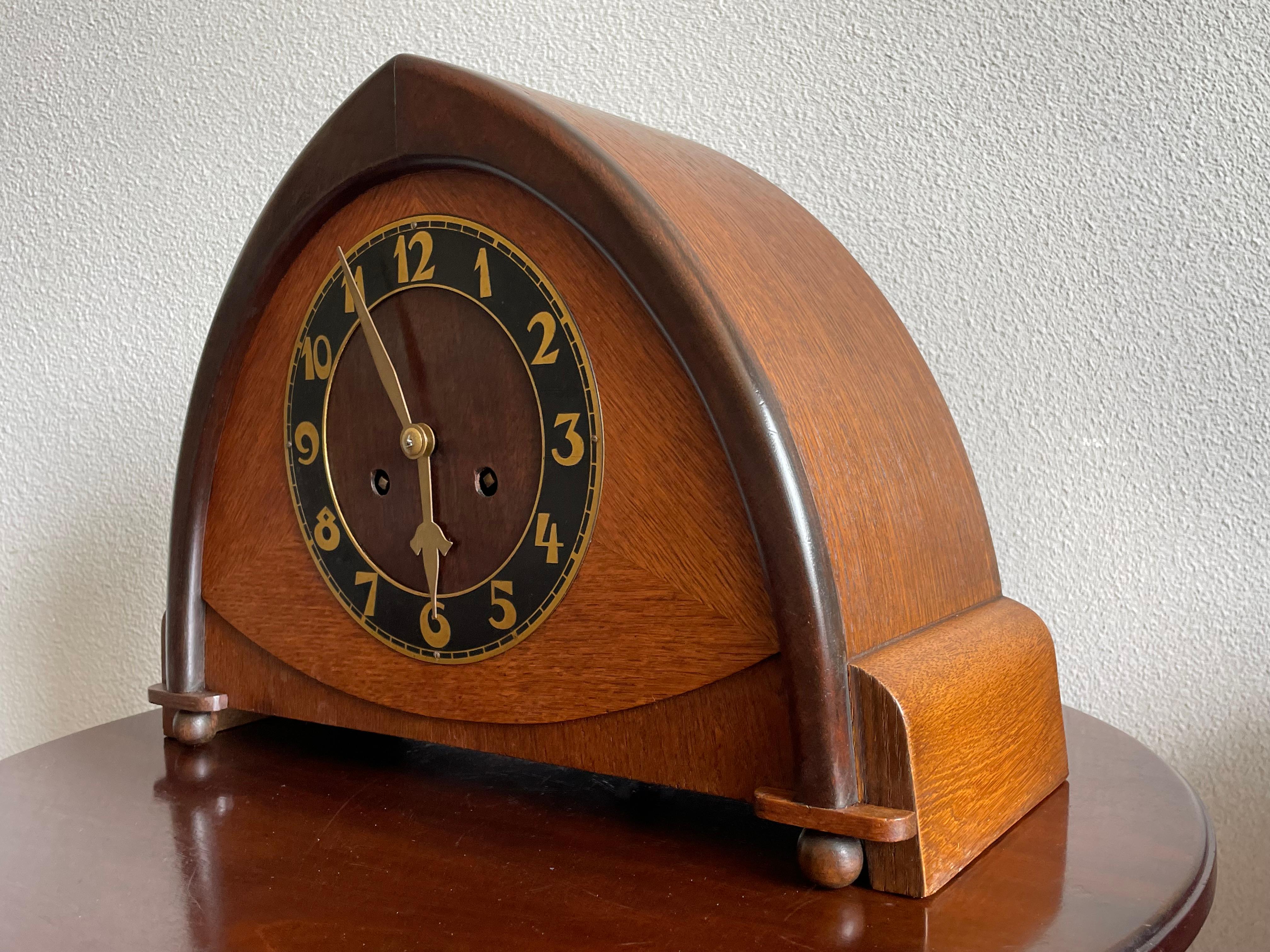 Arts and Crafts Dutch Arts & Crafts Wooden Mantle or Desk Clock w. Stunning Brass Dial Face 1915 For Sale