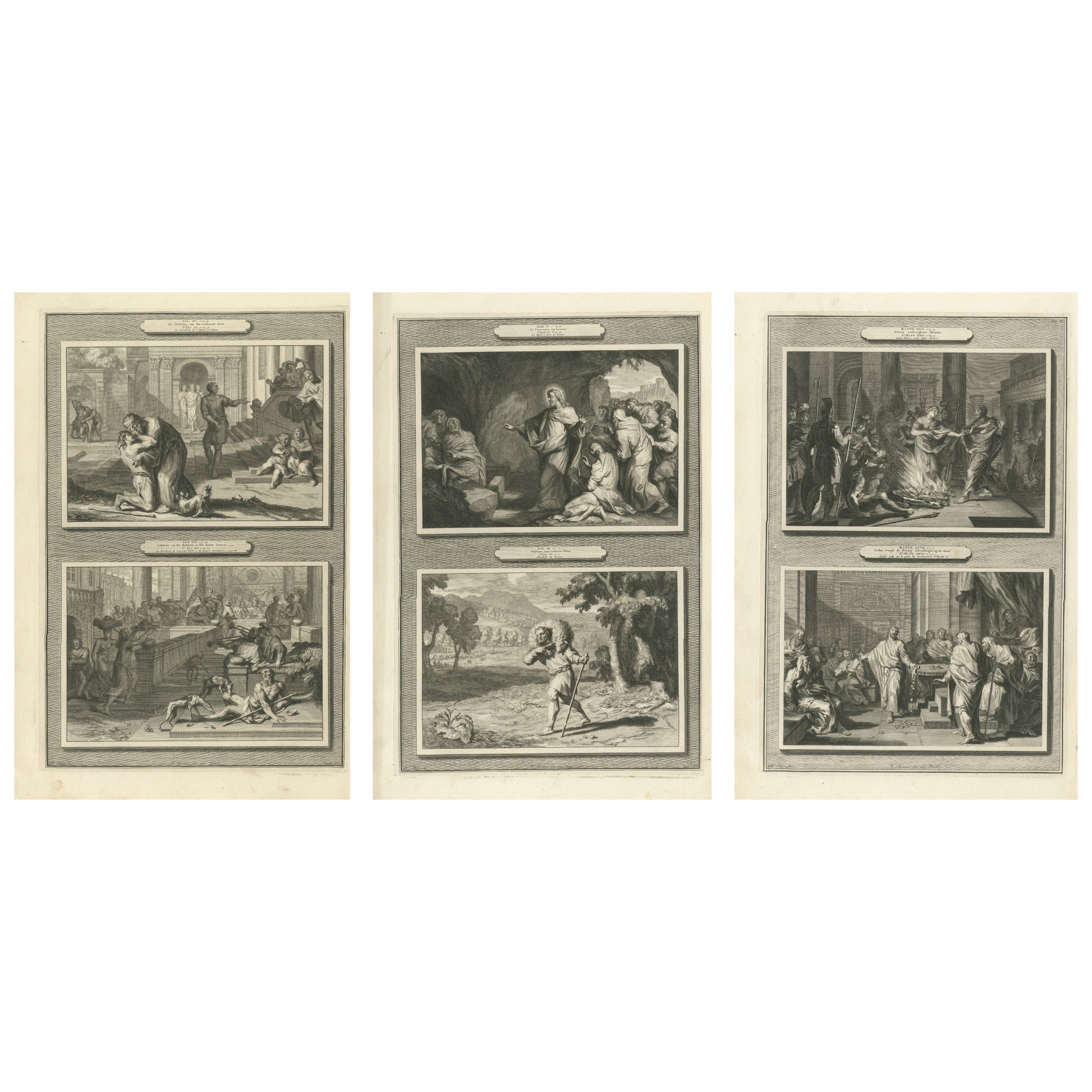 Dutch Baroque Biblical Engravings, 3 Double-Scene Plates by Pieter Mortier, 1700