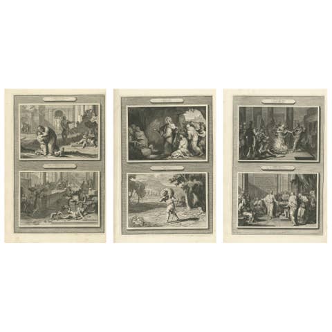 Dutch Baroque Biblical Engravings, 3 Double-Scene Plates by Pieter Mortier, 1700