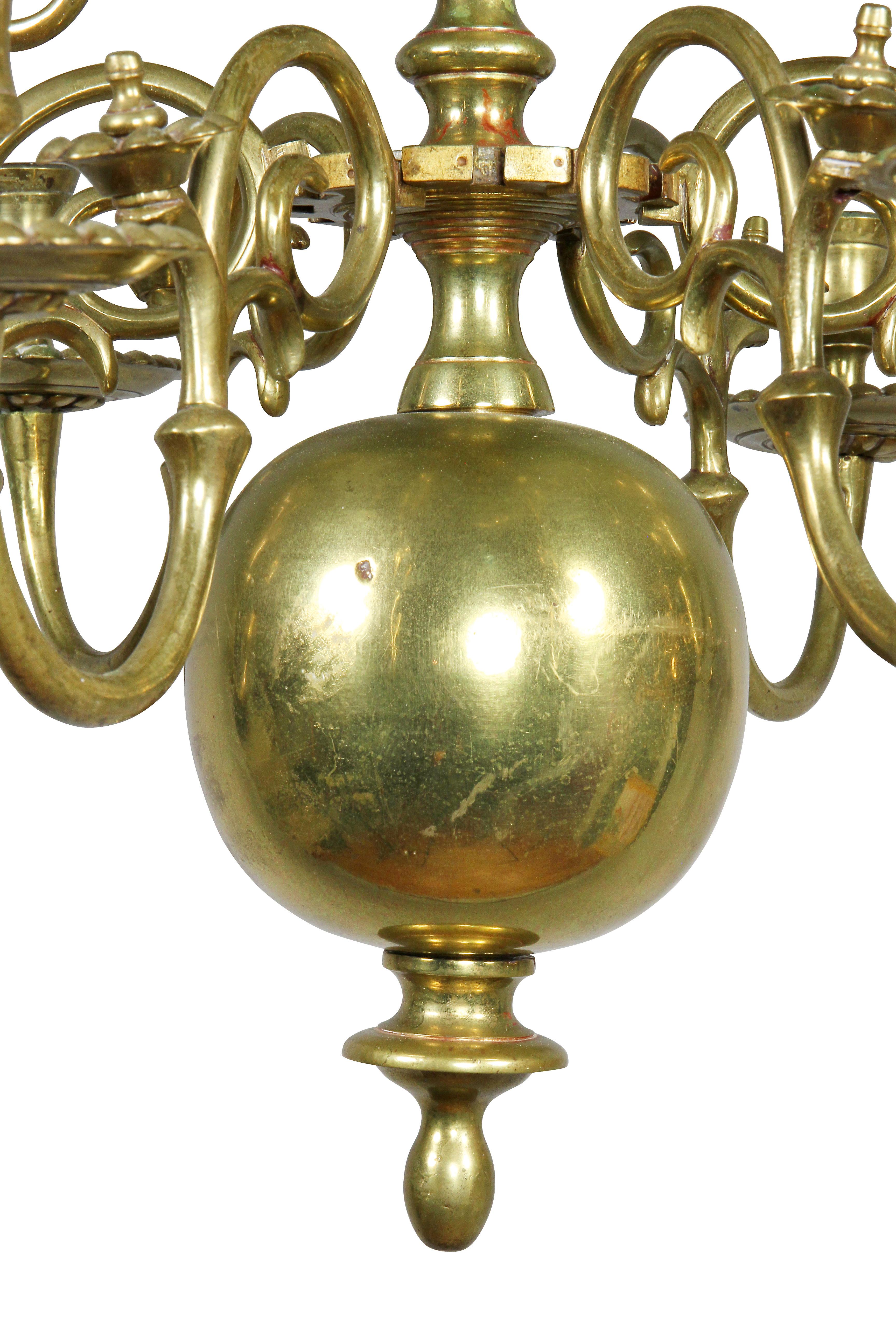 Dutch Baroque Brass Twelve Light Chandelier In Good Condition For Sale In Essex, MA