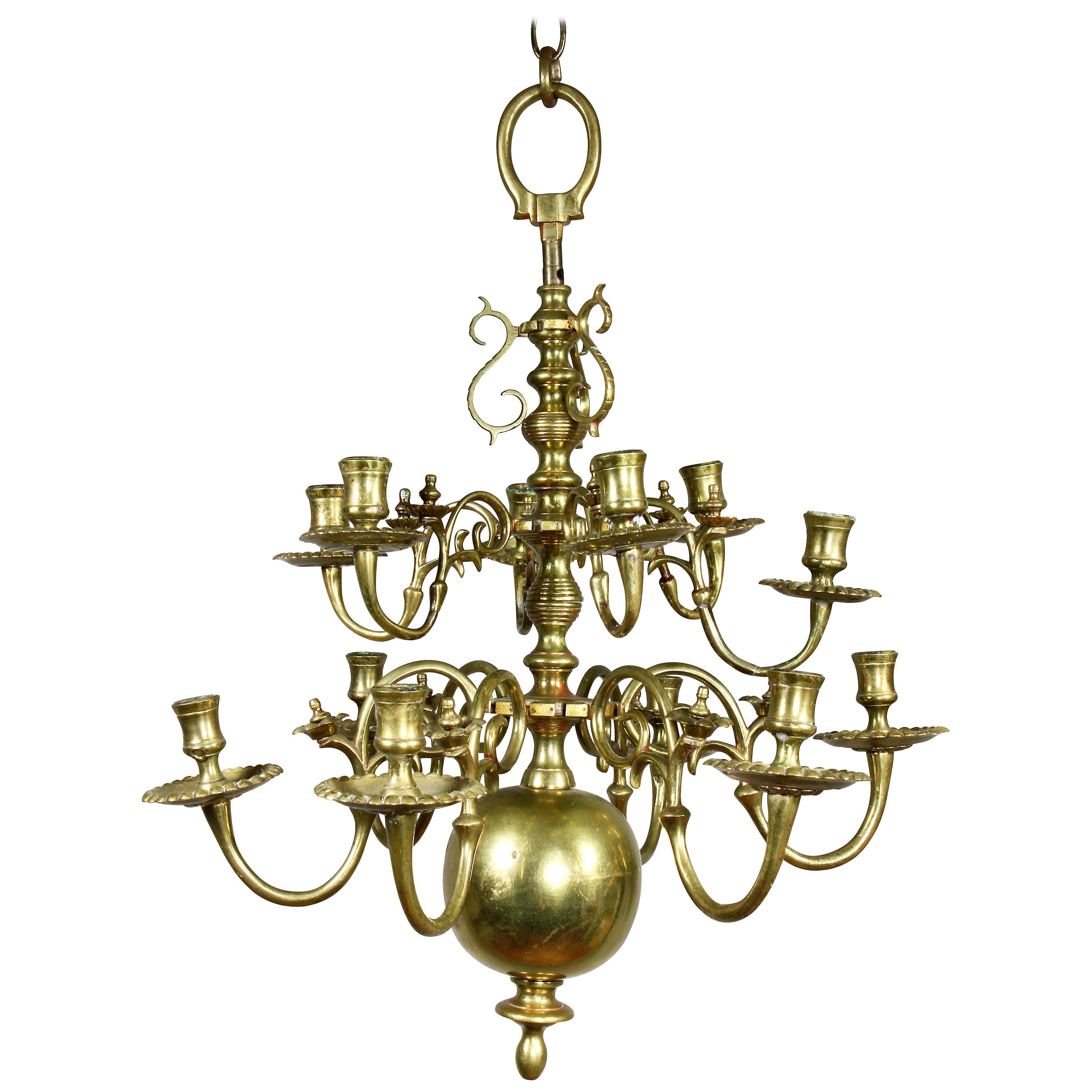 Dutch Baroque Brass Twelve Light Chandelier For Sale
