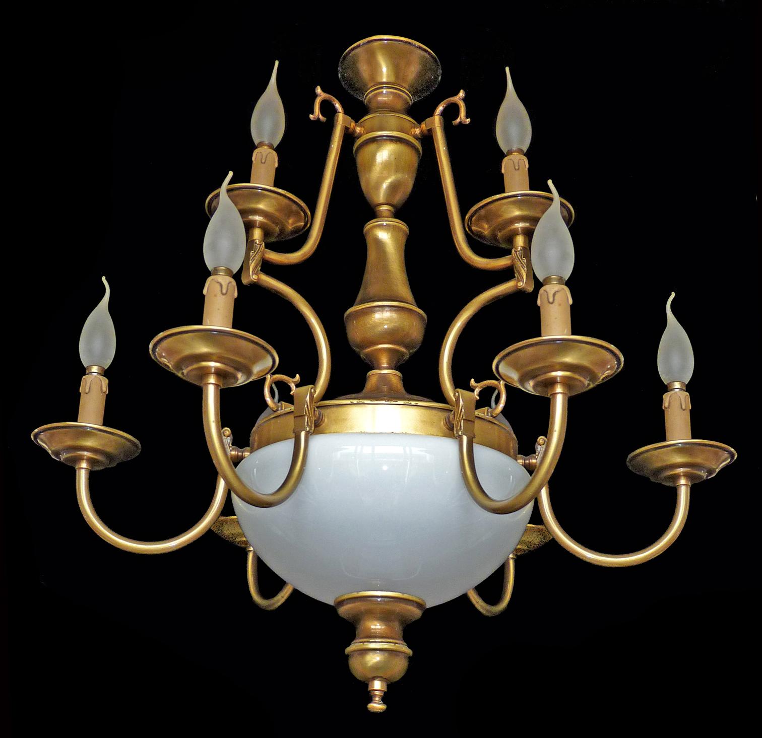 Gorgeous vintage French Art Deco and Deutsch style chandelier white opal glass, 12-light/ brass gold and bronze color with age patina
12-light bulbs E14 (6+3+3)
Good working condition
Measures:
Diameter 27.6 in / 70 cm
Height 27.6 in / 70 cm
Bowl 12
