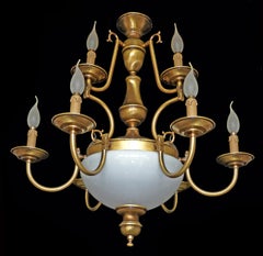 Dutch Baroque Colonial Style Brass & Opaline Glass Two-Tier 12-Light Chandelier