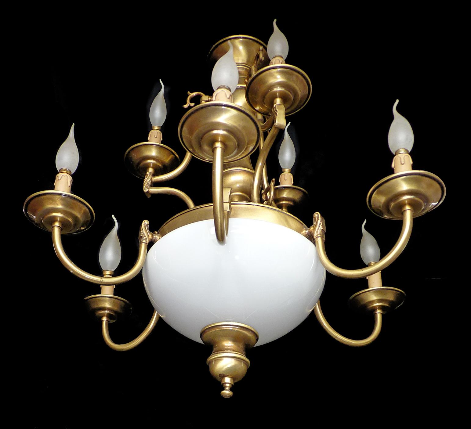 French Dutch Baroque Colonial Style Brass & Opaline Glass Two-Tier 12-Light Chandelier For Sale