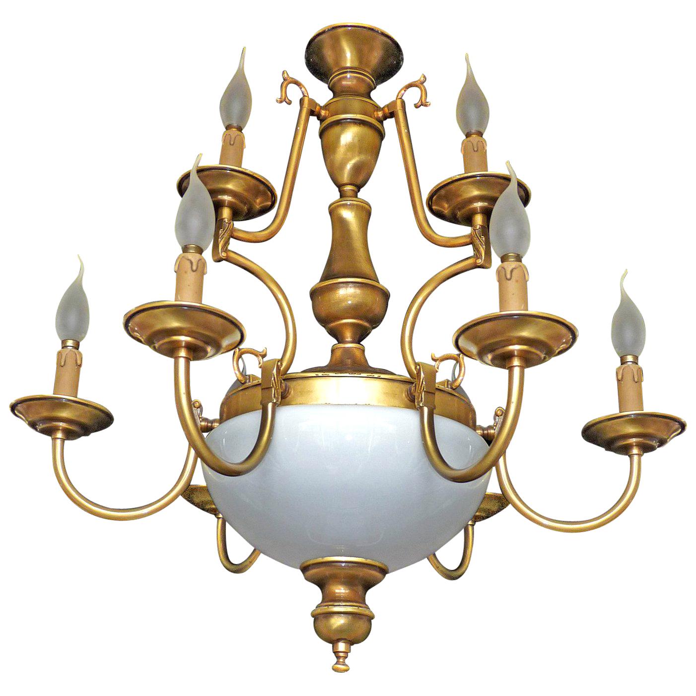 Dutch Baroque Colonial Style Brass & Opaline Glass Two-Tier 12-Light Chandelier In Excellent Condition For Sale In Coimbra, PT