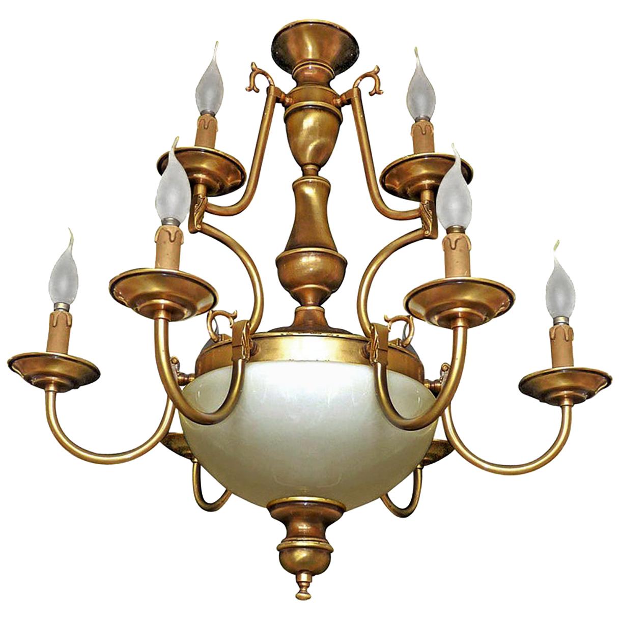 Dutch Baroque Colonial Style Brass & Opaline Glass Two-Tier 12-Light Chandelier For Sale