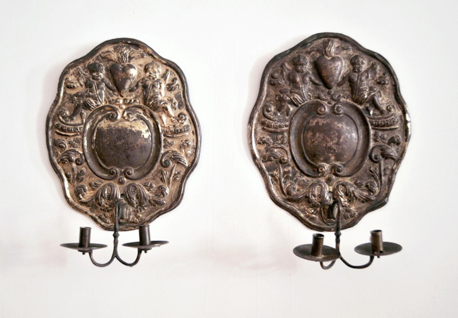 Hand-Crafted Dutch Baroque Double-Arm Sconces, Silver-Plated, Origin: Holland, Circa 1760