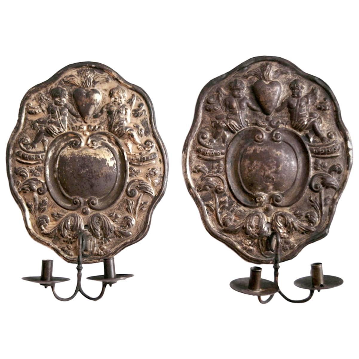 Dutch Baroque Double-Arm Sconces, Silver-Plated, Origin: Holland, Circa 1760