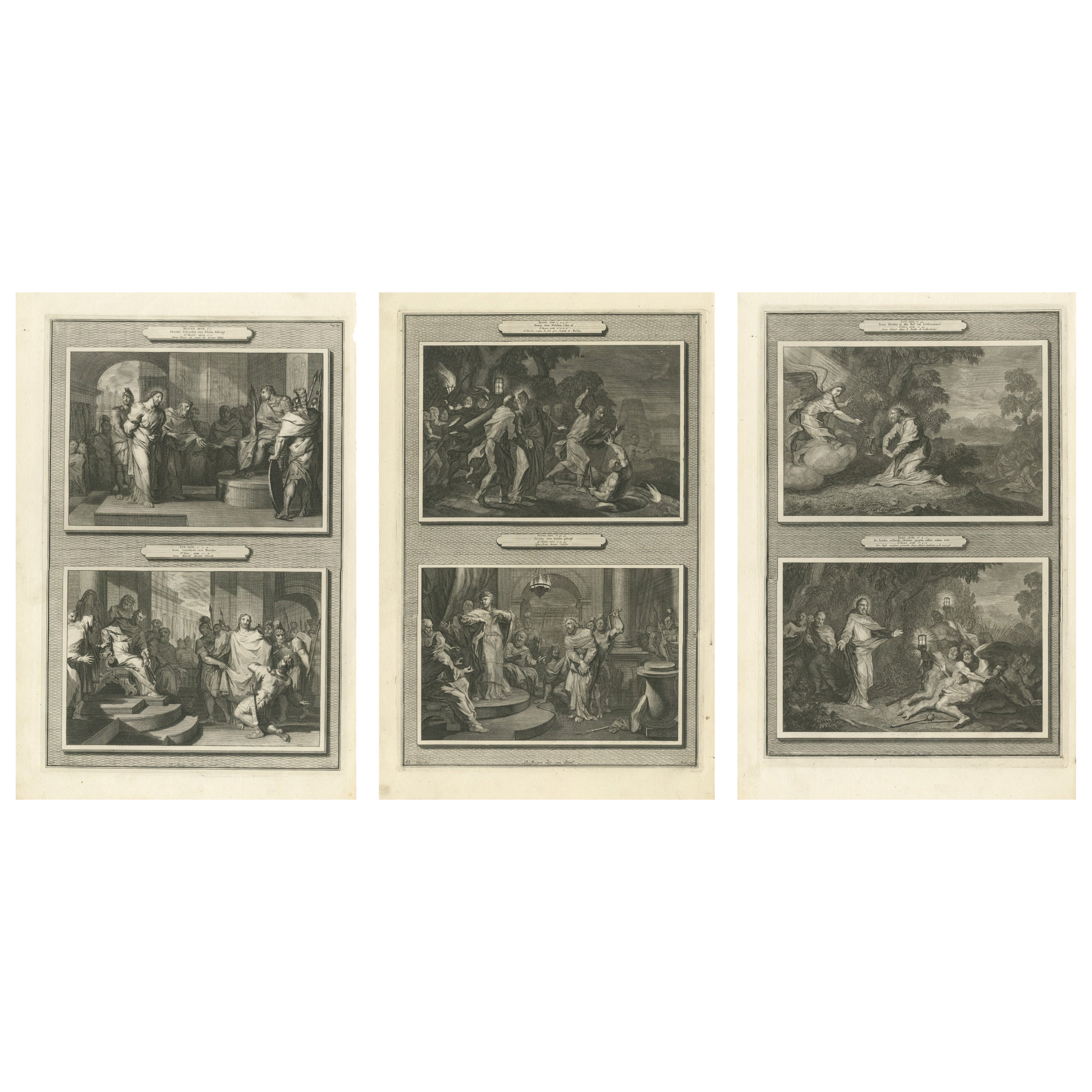 Dutch Baroque Life of Christ, 3 Double-Scene Biblical Engravings, ca 1700 For Sale