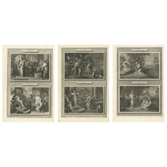 Vie du Christ baroque hollandais, 3 gravures bibliques en double scène, vers 1700