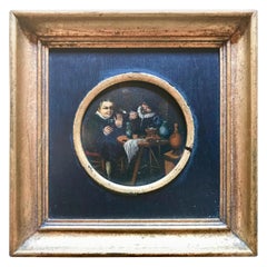 Peinture à l'huile miniature baroque néerlandaise Scène de taverne Deux hommes fumant et buvant