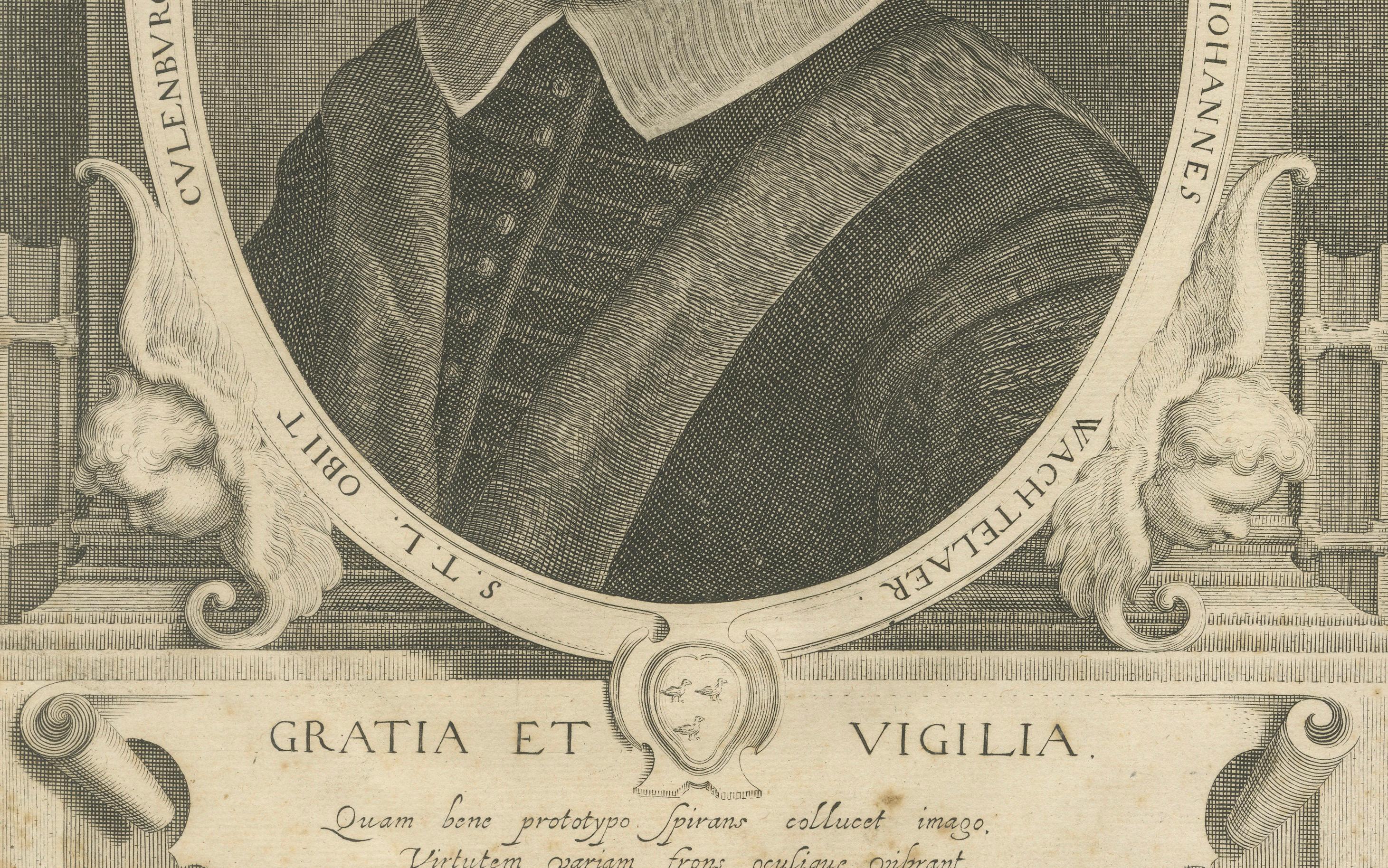 Portrait baroque néerlandais du théologien Johannes Wachtelaar - Utrecht, c.1653

Cette gravure commémorative du XVIIe siècle rend hommage à Johannes Wachtelaar, un théologien érudit, représenté ici dans un portrait solennel et digne en buste.