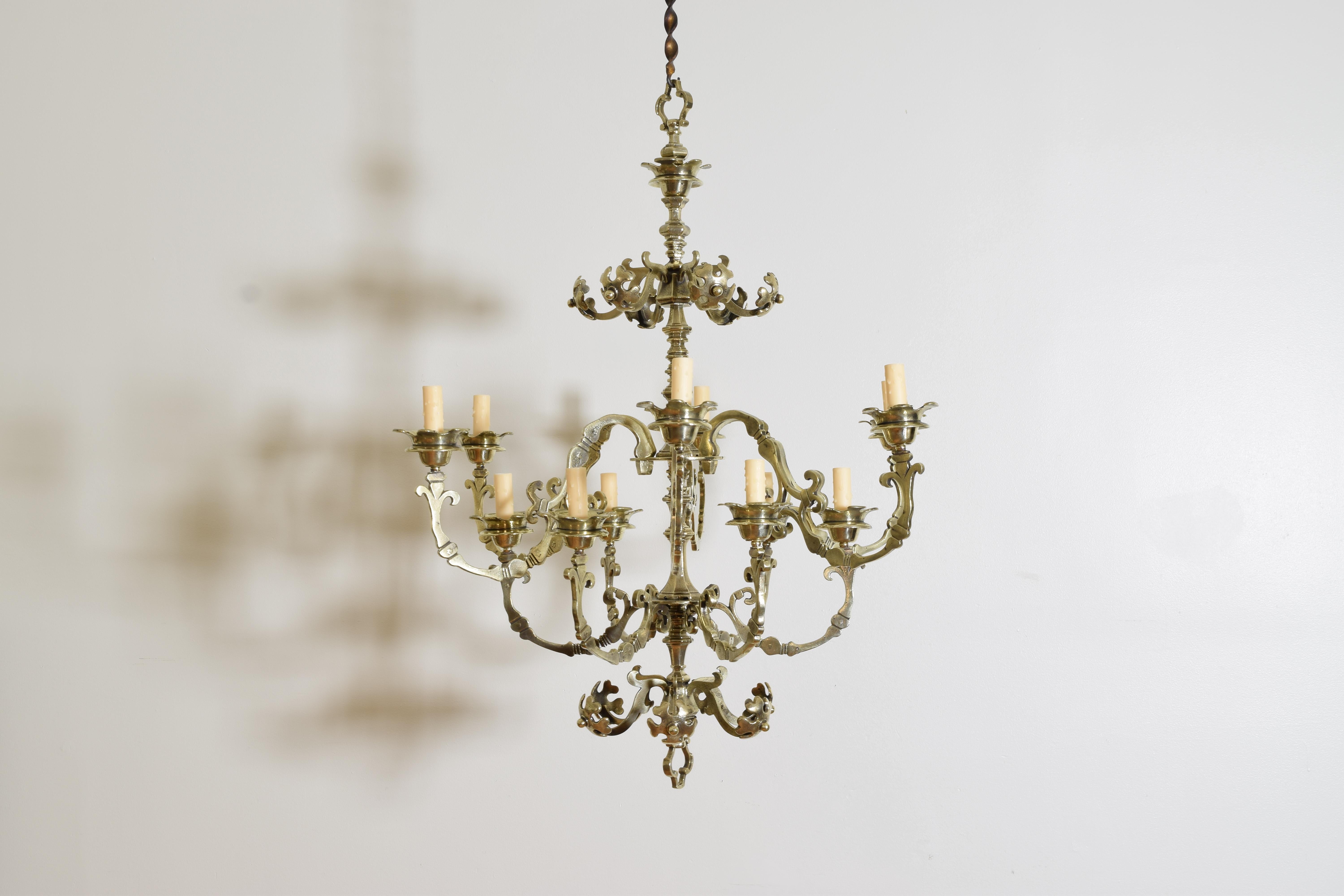 Dutch Baroque Revival Brass Two Tier 12-Light Chandelier, 19th Century In Good Condition In Atlanta, GA