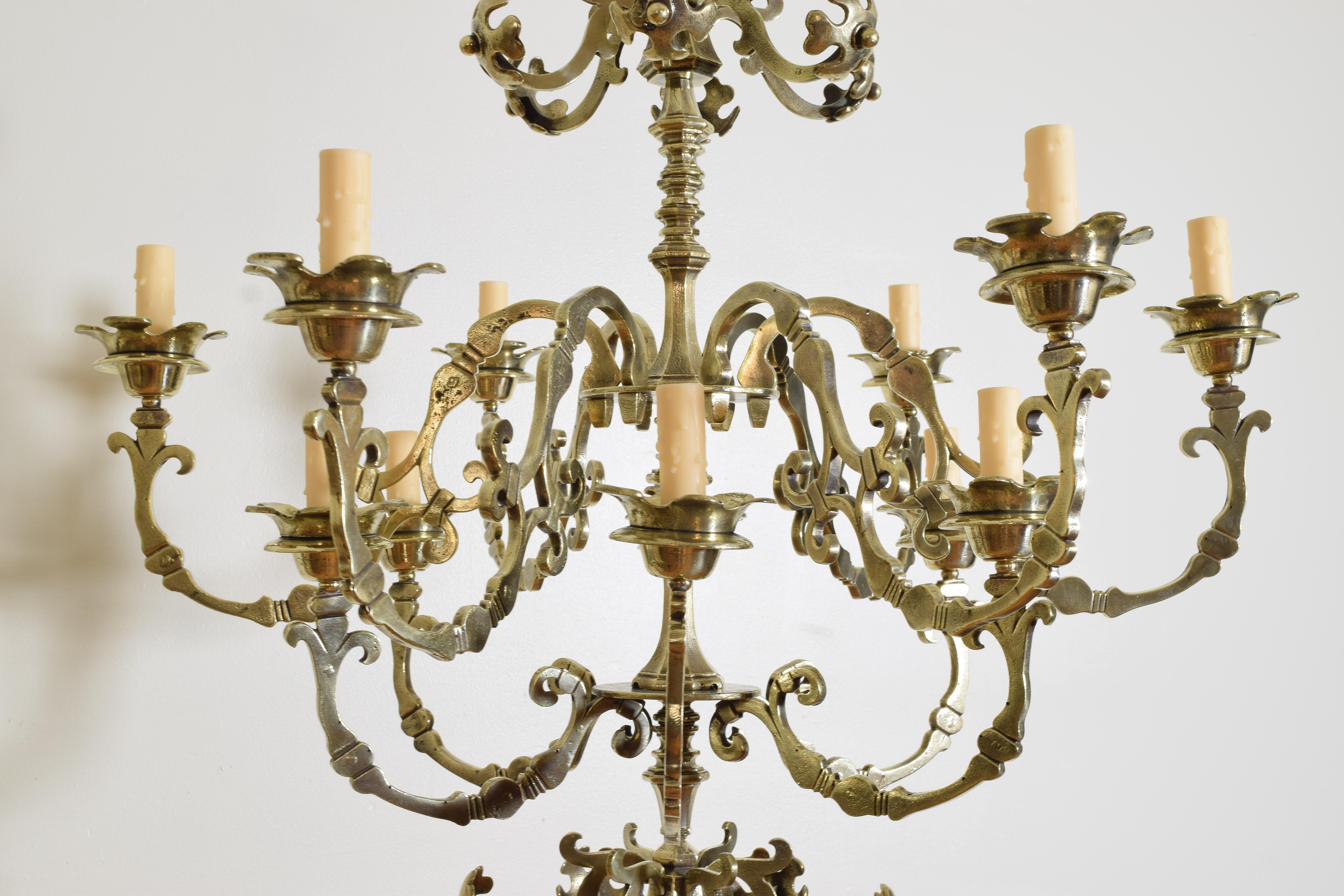 Dutch Baroque Revival Brass Two Tier 12-Light Chandelier, 19th Century 1