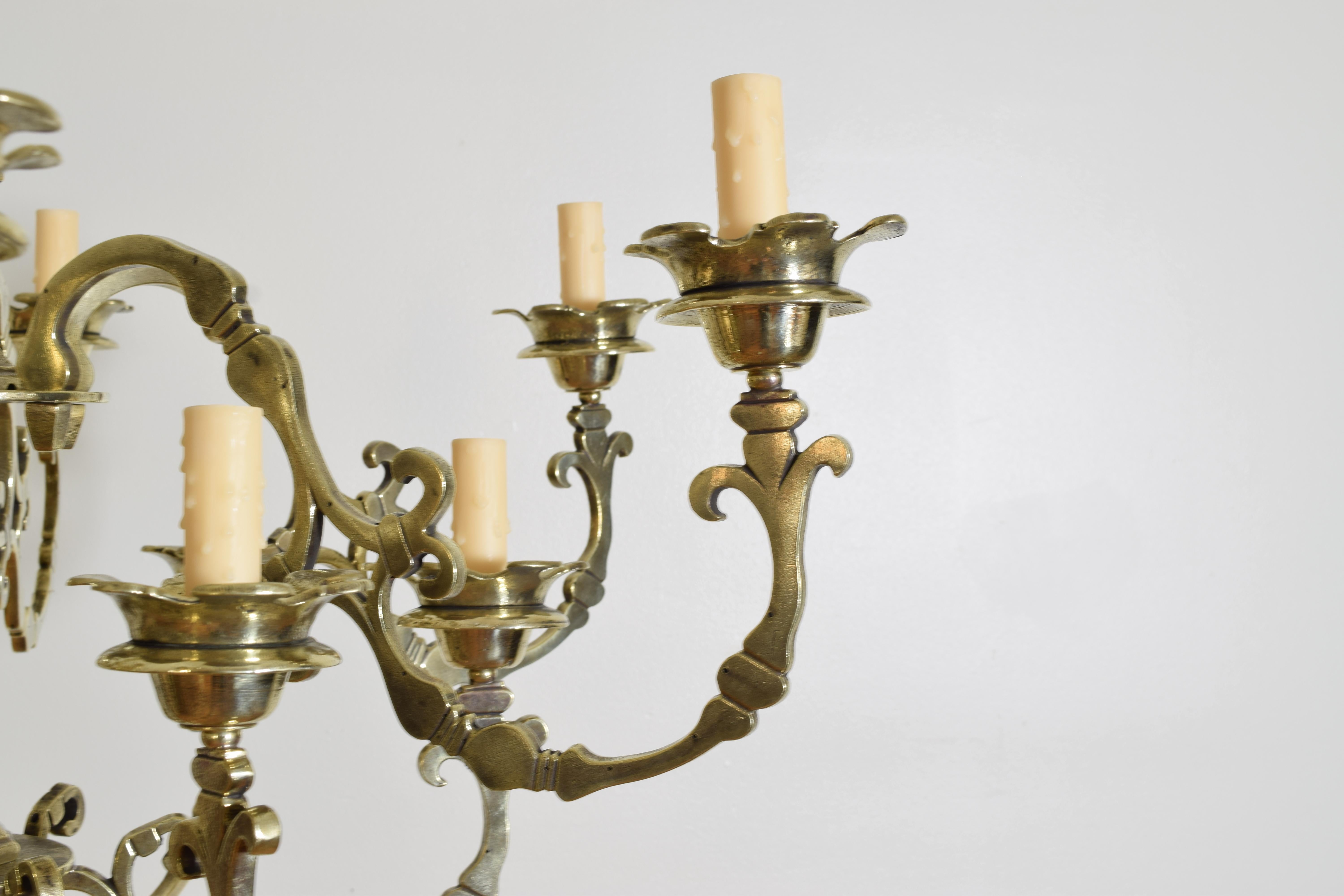 Dutch Baroque Revival Brass Two Tier 12-Light Chandelier, 19th Century 2