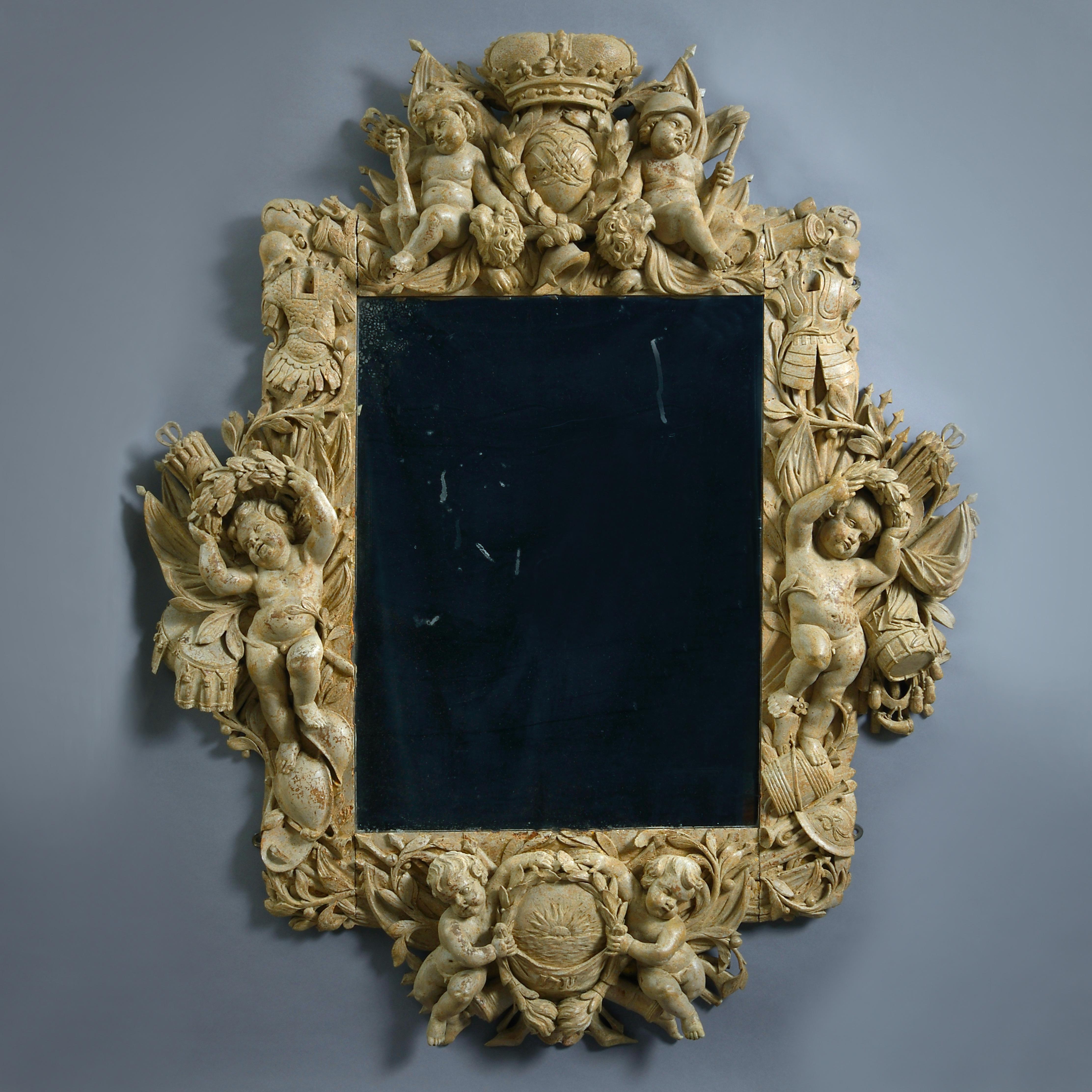 Dutch Baroque Stone-Painted Carved Limewood Mirror For Sale 3