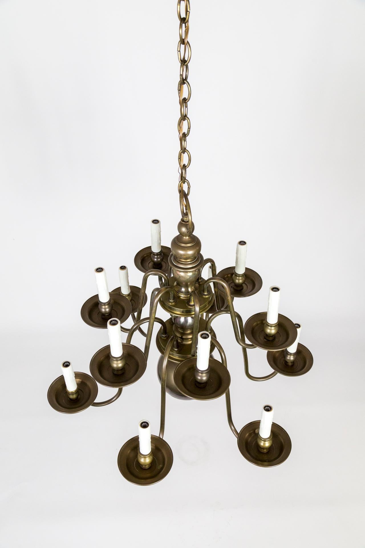 Dutch Baroque Style 2-Tier Aged Brass 12-Light Chandelier For Sale 7