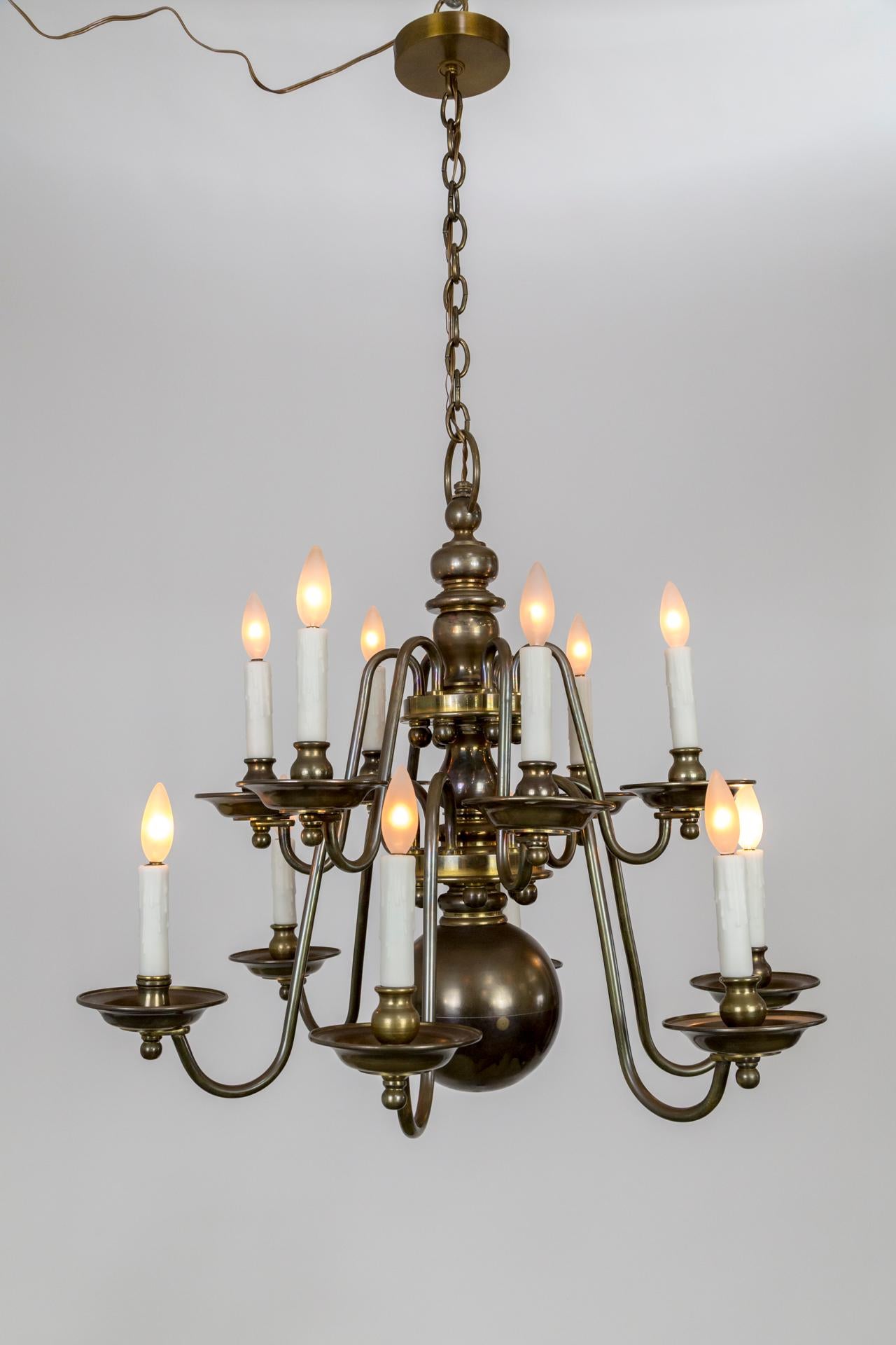 Dutch Baroque Style 2-Tier Aged Brass 12-Light Chandelier In Good Condition For Sale In San Francisco, CA