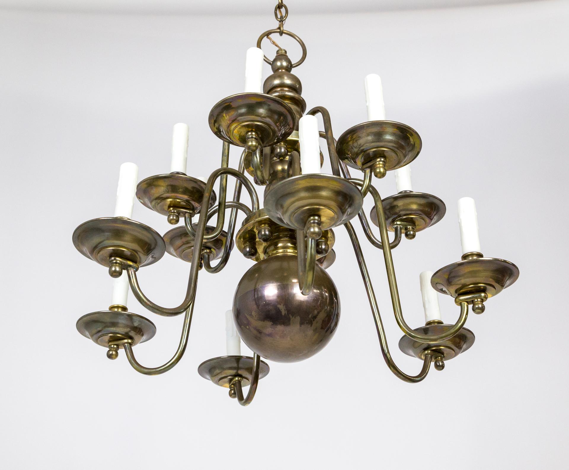 20th Century Dutch Baroque Style 2-Tier Aged Brass 12-Light Chandelier For Sale