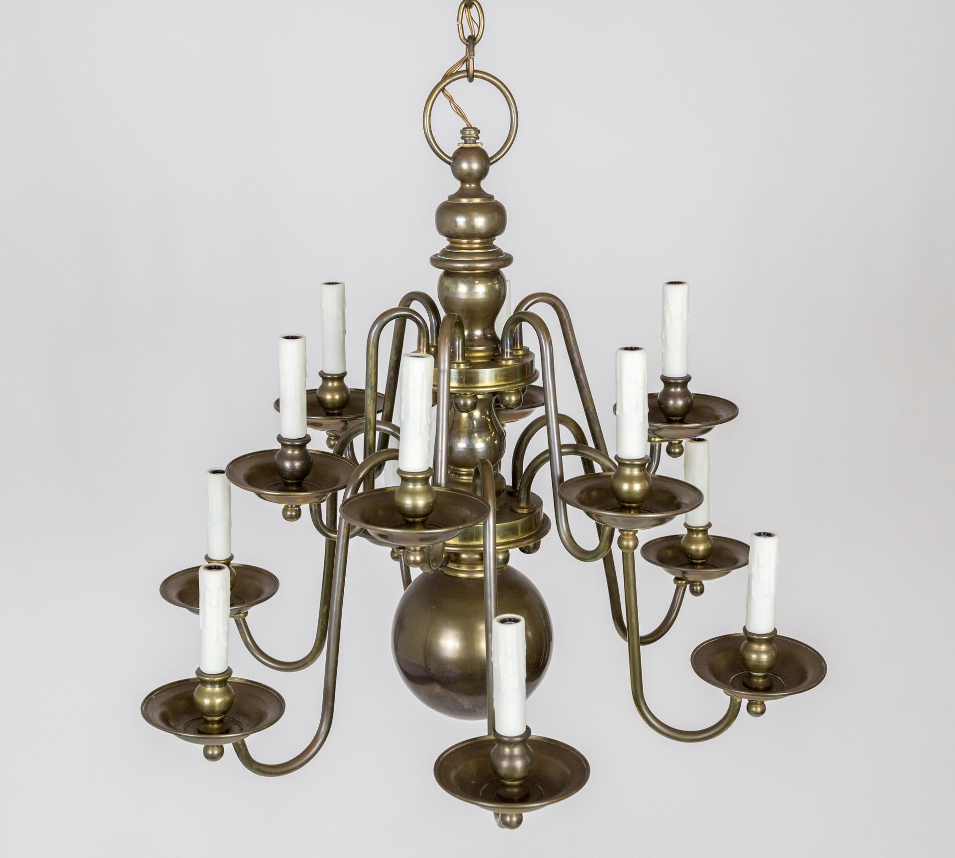 Dutch Baroque Style 2-Tier Aged Brass 12-Light Chandelier For Sale 1