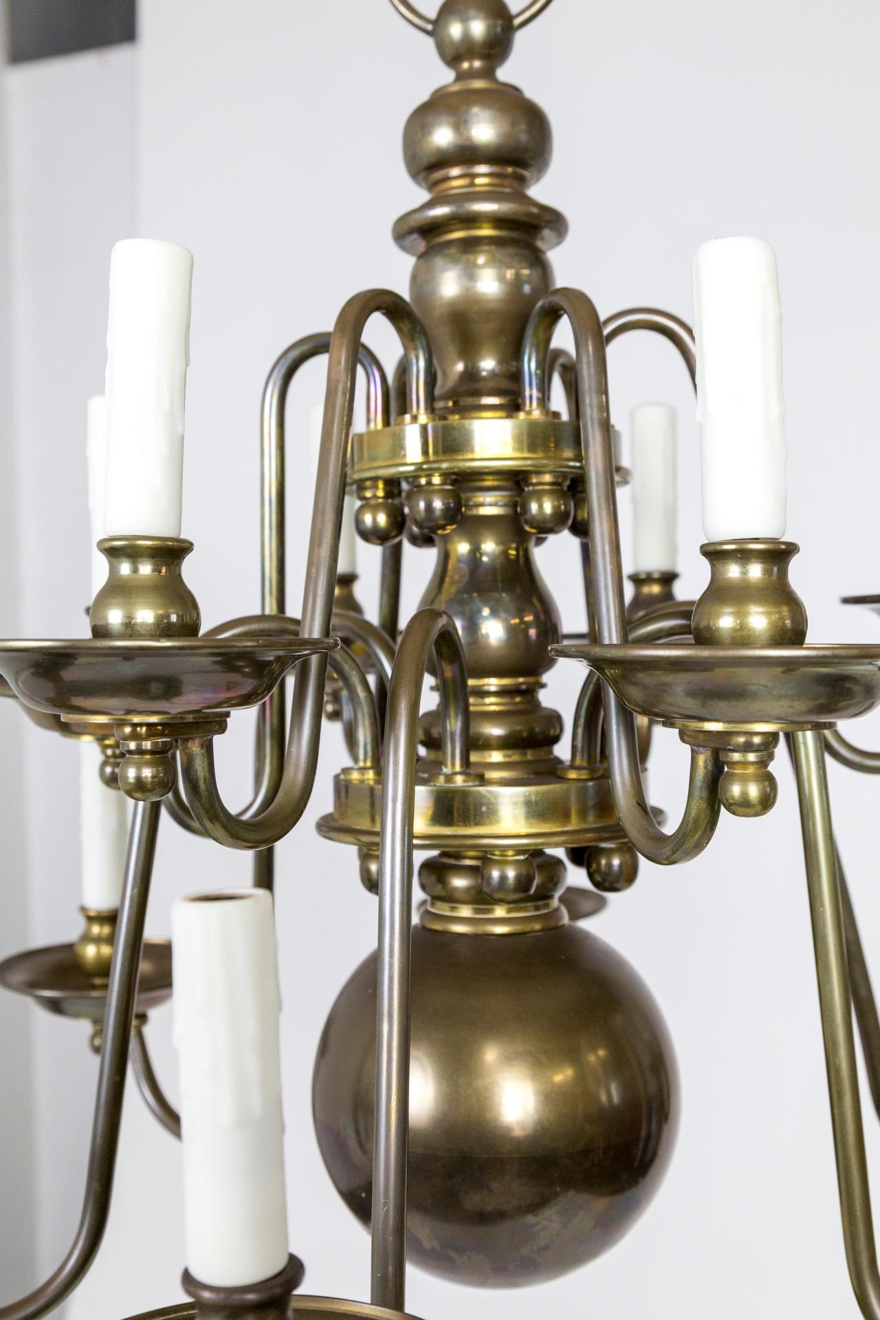Dutch Baroque Style 2-Tier Aged Brass 12-Light Chandelier For Sale 2