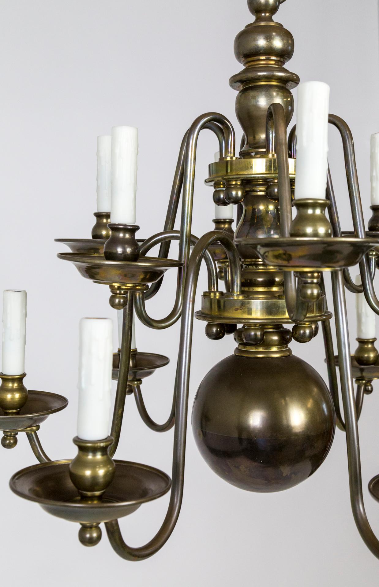 Dutch Baroque Style 2-Tier Aged Brass 12-Light Chandelier For Sale 3