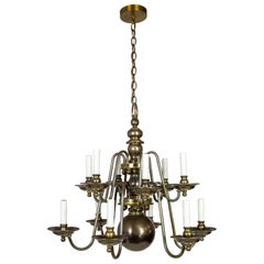 Lustre à 12 lumières en laiton vieilli à 2 niveaux de style baroque hollandais