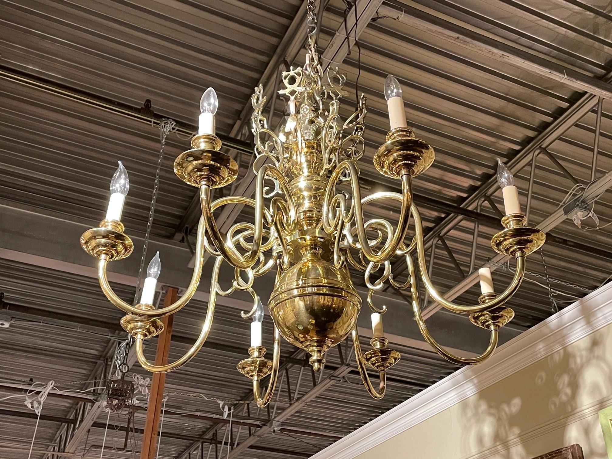 A brass Dutch Baroque style chandelier.