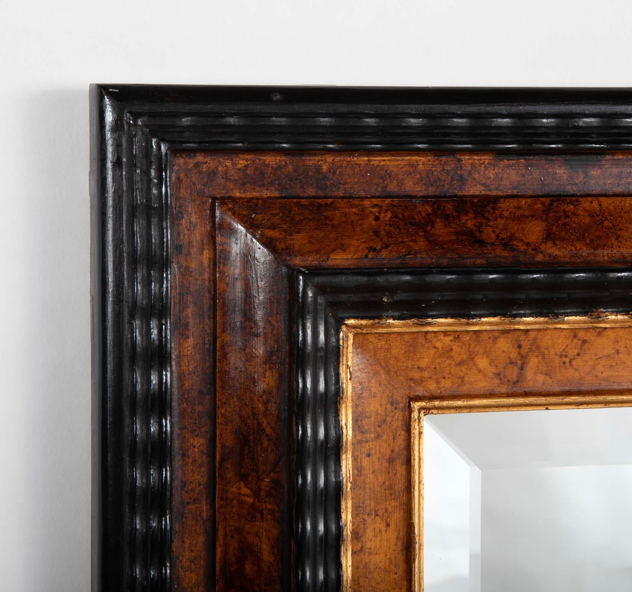 Ébénisé Dutch Baroque Style Ebonized Gilt Ripple Mold Framed Mirror with Beveled Glass en vente